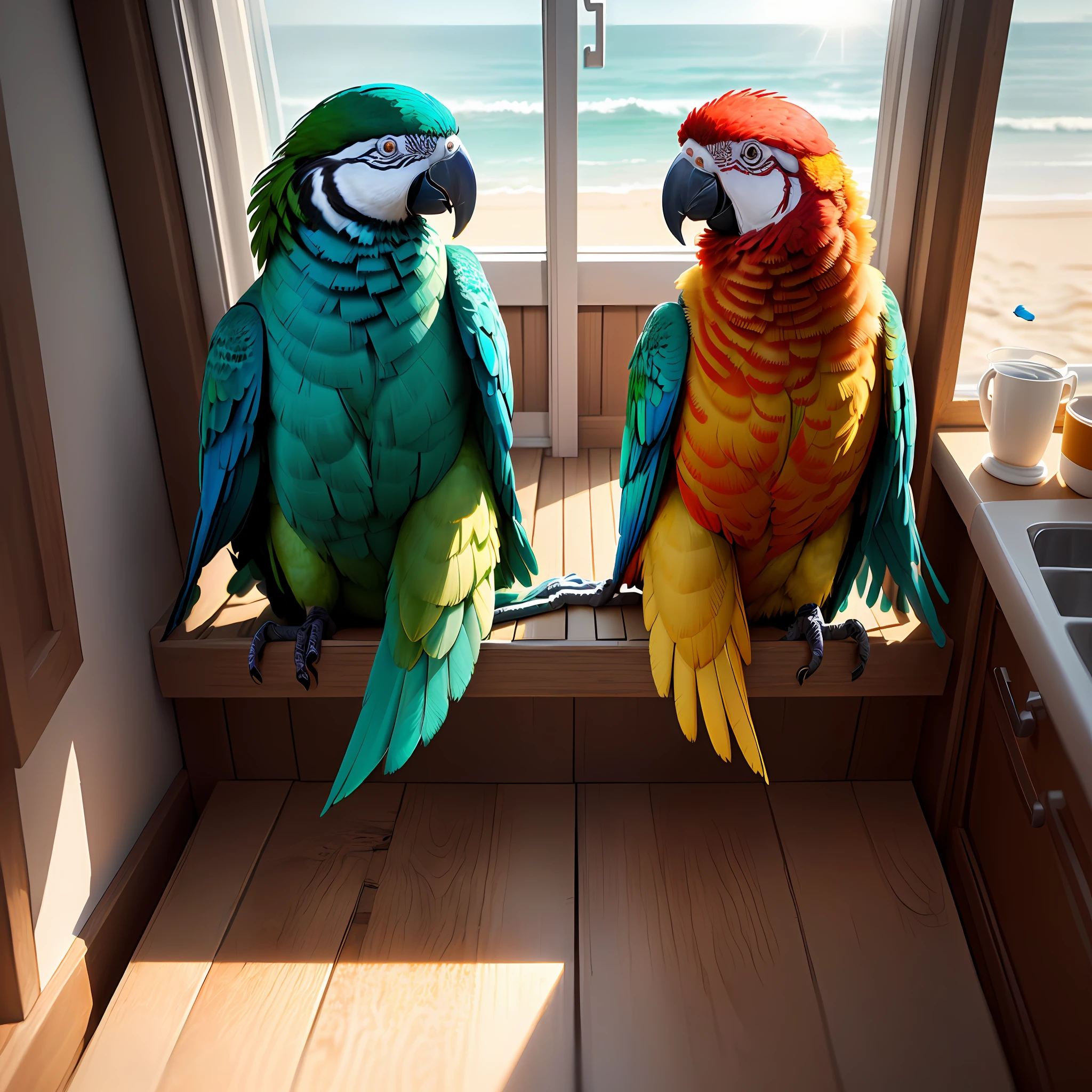 Two parrots，Look at each other，Hyper-real，reality，Photorealistic rendering，meticulous，Best quality，Ultra HDR，Background with window，Seeing the beach from the window，There are sun umbrellas，Sun exposure，photonmapping