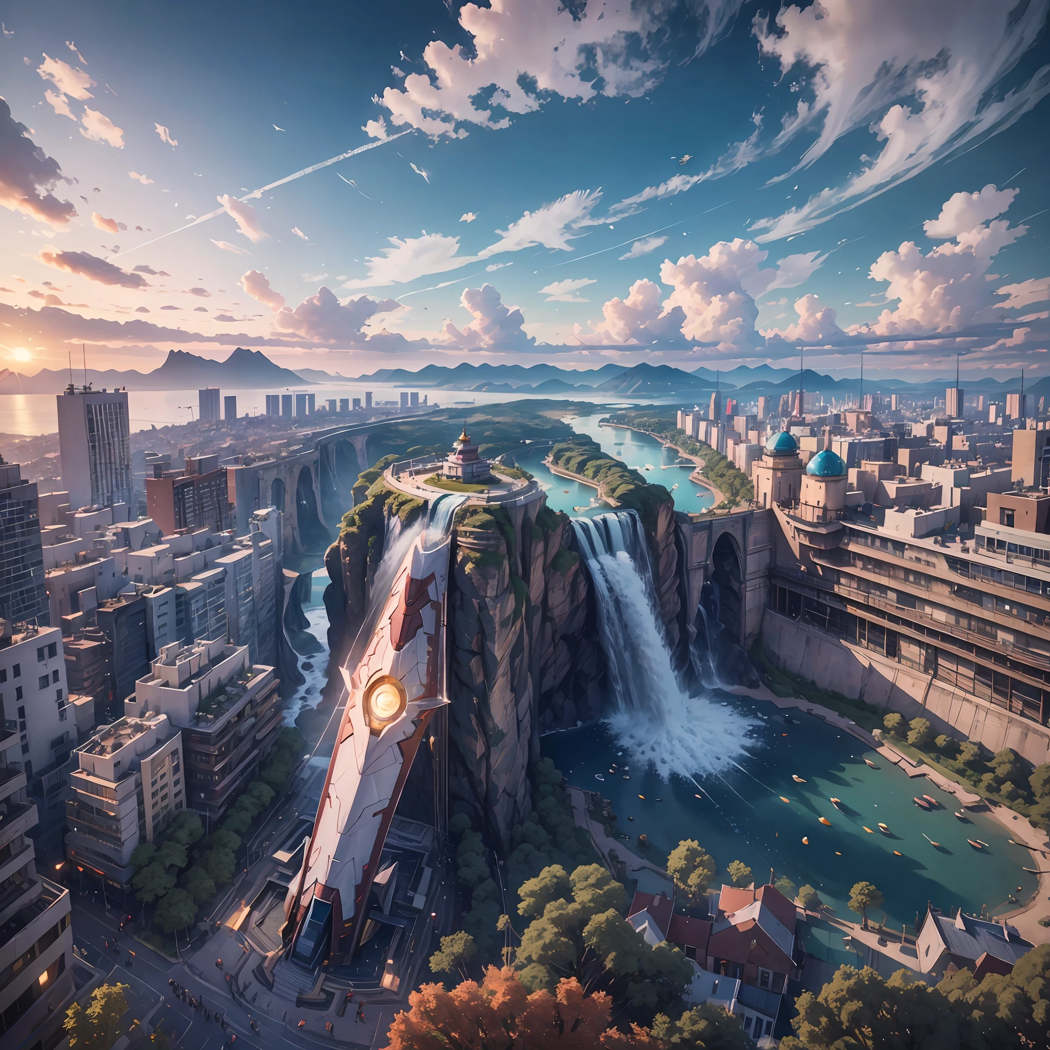 Bird's eye view of the city。Garden-like city below,(Countless crowds:1.3)，The high-rises of the future crisscross the sea,(Ancient Iron Man standing on a waterfall)，(((Masterpiece))),(((Best quality))),((Ultra-detailed))((Extremely detailed CG)),((16k wallpaper))((An extremely delicate and beautiful)),{Photorealistic},Full body, Detailed light,full bloom,,,A masterpiece from the Canon EOS R6 shooting,((杰作)) ,cinematiclight,Unreal Engine 5,the creamy smooth skin