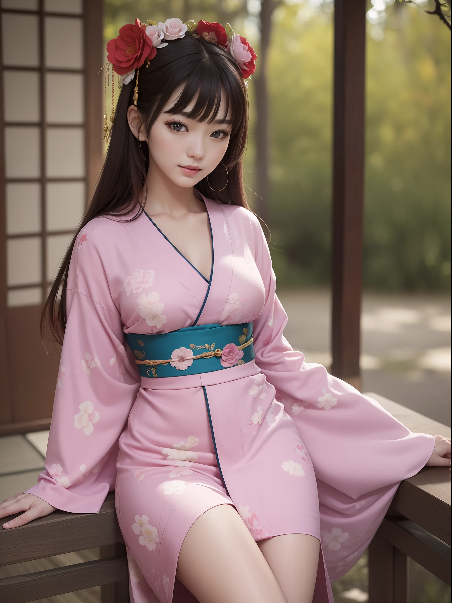 Masterpiece, Best quality, (Realistic, Photorealistic:1.37)))), (1 person)), 8k, Very delicate and beautiful, Fantastic, Official art with attention to detail, Ridiculous, Incredibly ridiculous, Huge file size, Ultra detailed, Very detailed, (Beautiful girl), (Detailed girl), Very detailed eyes and face, Beautiful detailed eyes, Light makeup, (1 girl), (Perfect female figure), ((花魁)), Slim waist, Big ass, (Korean beauty), (Full body)), With bangs, Feminine look, Gentle smile, (Furyosode), (Japan kimono), (20years old),
