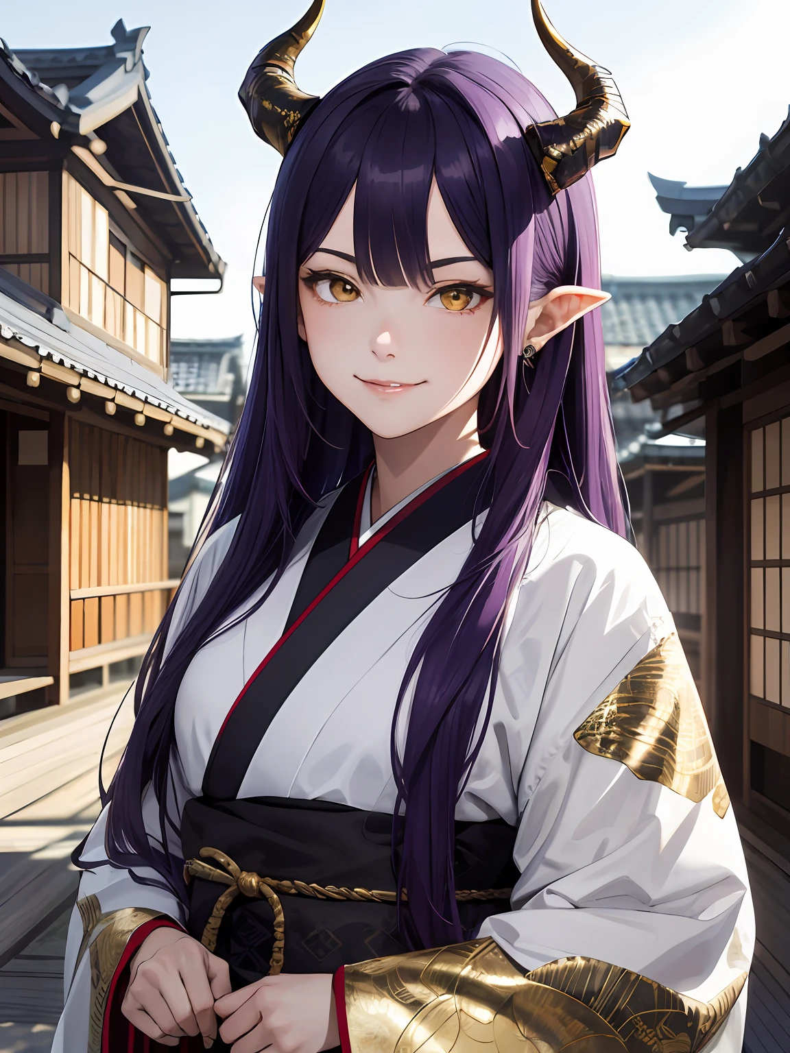 absurdres, highres, ultra detailed, (1girl:1.3), long hair, purple hair, lock of hair in middle of face, golden eyes, dragon horns, pointed ears, evil smirk, traditional japanese clothing, japanese village in the background