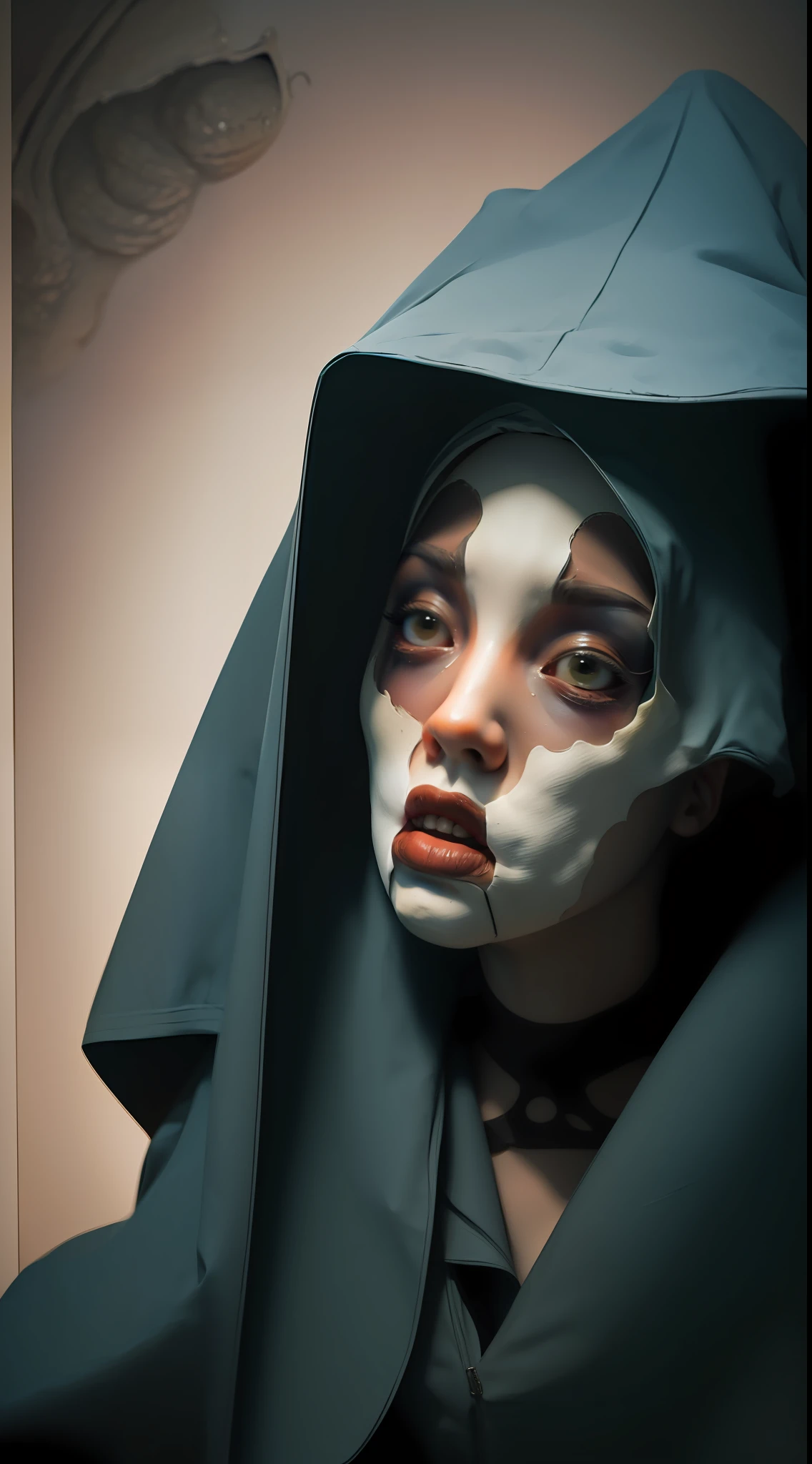 terror, macabre, nightmare(1gothic girl+black lingerie:1.1,cloak with hood),tentacles(strong make-up,mysterious expression),geometric abstract shapes,contrasty lighting,shadows.
