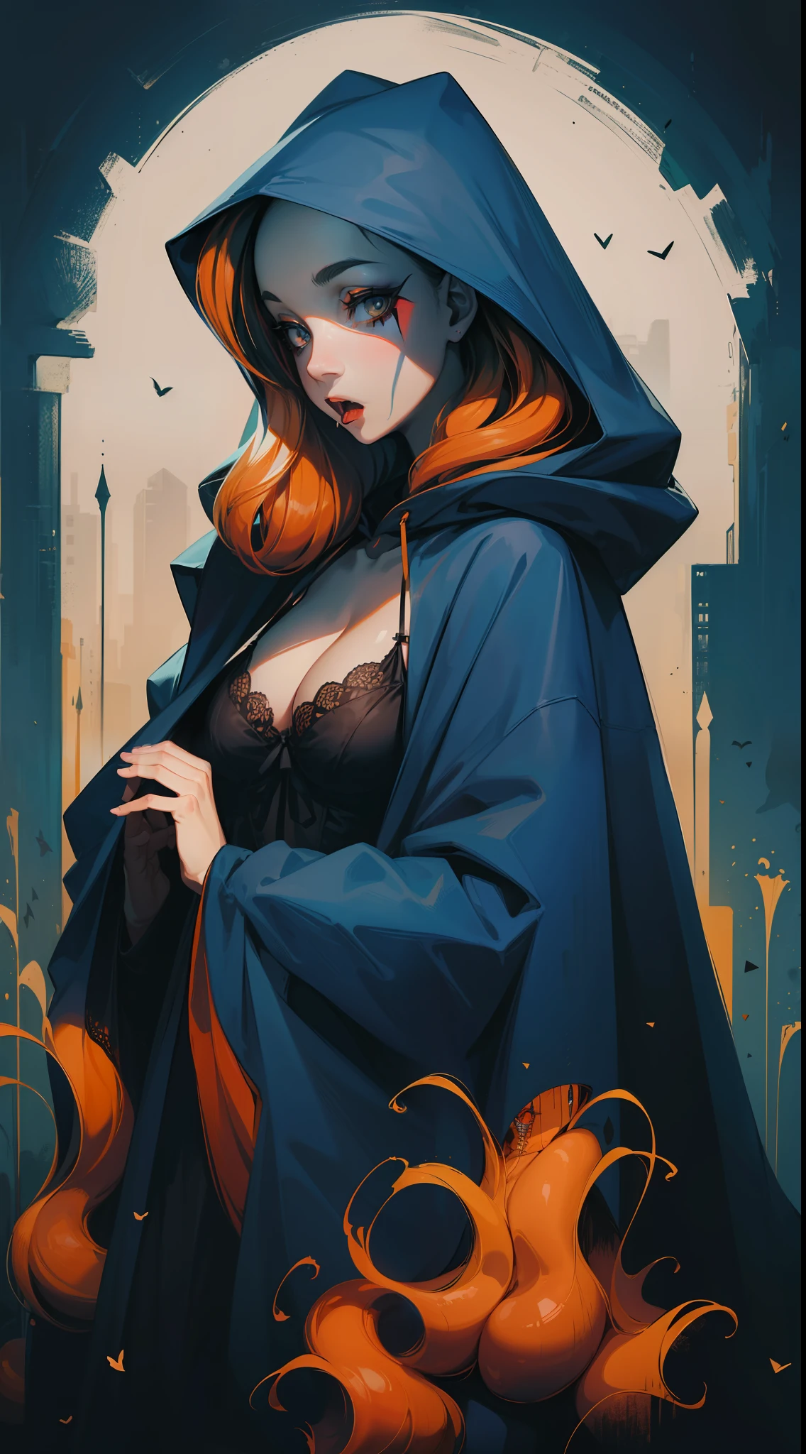terror, macabre, nightmare(1gothic girl+black lingerie:1.1,cloak with hood),tentacles(strong make-up,mysterious expression),geometric abstract shapes,contrasty lighting,shadows.
