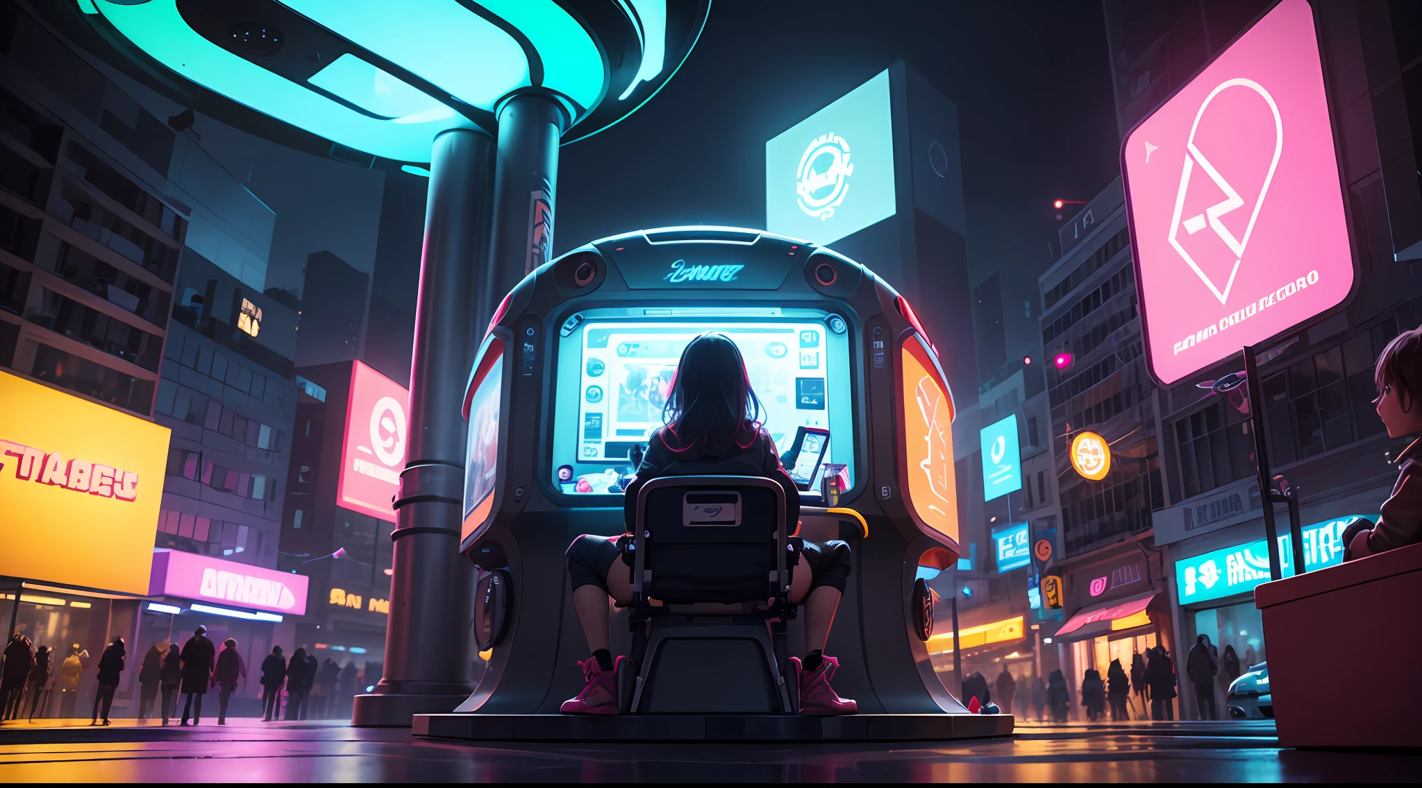 Dive into a digital art creation that brings a playful toy wonderland to life. The young girl is seated on a futuristic, neon-lit bench, surrounded by an array of colorful and interactive toys. The park environment is a blend of virtual and real elements, with floating geometric shapes and pixelated flora. The digital art style is characterized by vibrant, electric colors and crisp, sharp lines. The lighting is dynamic, with pulsating neon lights casting a futuristic glow. The atmosphere is lively and energetic, evoking a sense of fun and adventure. --ar 16:9 --auto
