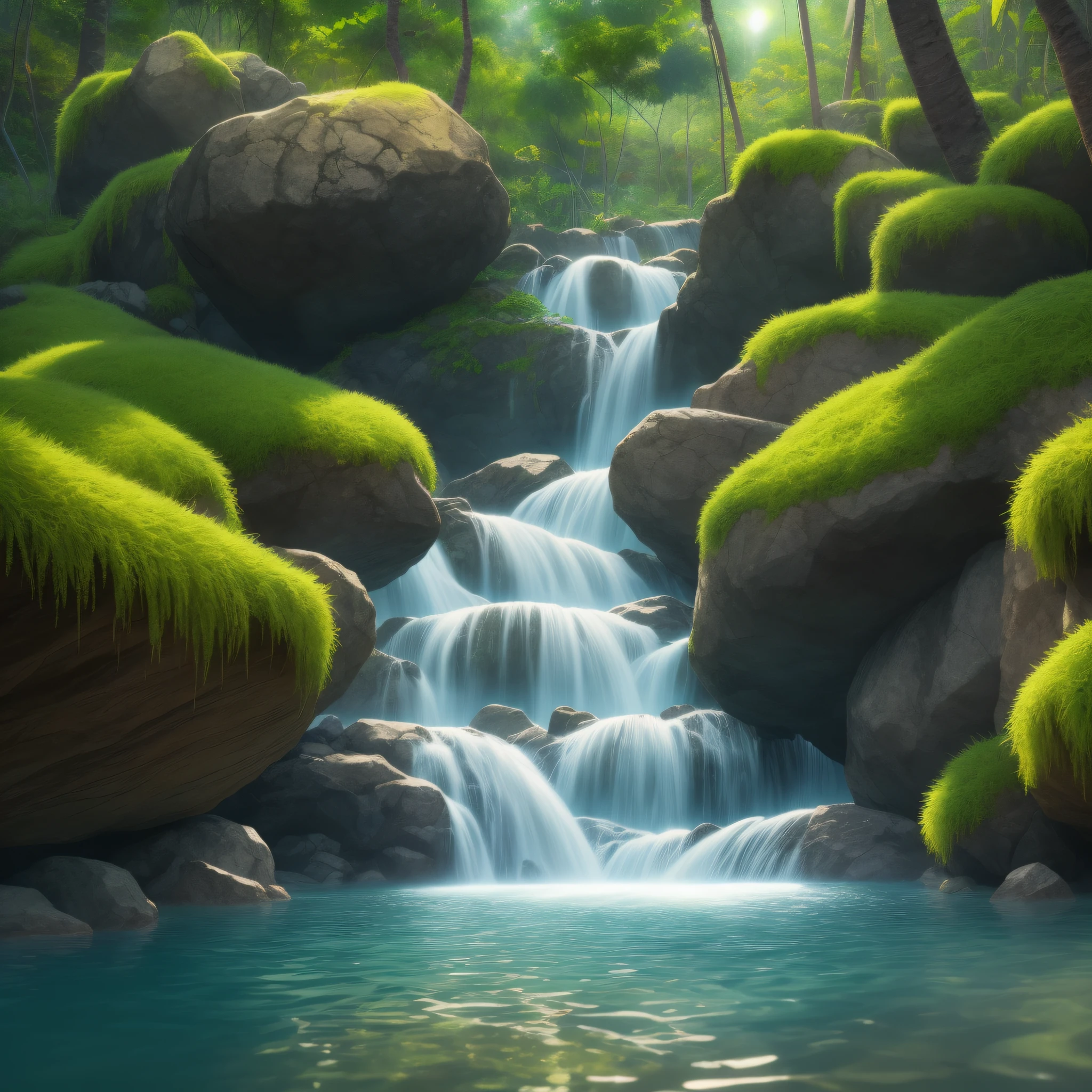 sunny tropical jungle vivid colors asymmetrical waterfall into shallow pool rough chiseled large moss covered boulders (colorful plants:1.2) volumetric fog high contrast
(masterpiece:1.2) (flat vector illustration:1.1) (best quality:1.2) (detailed) (intricate) (8k) (HDR) (wallpaper) (cinematic lighting) (sharp focus)