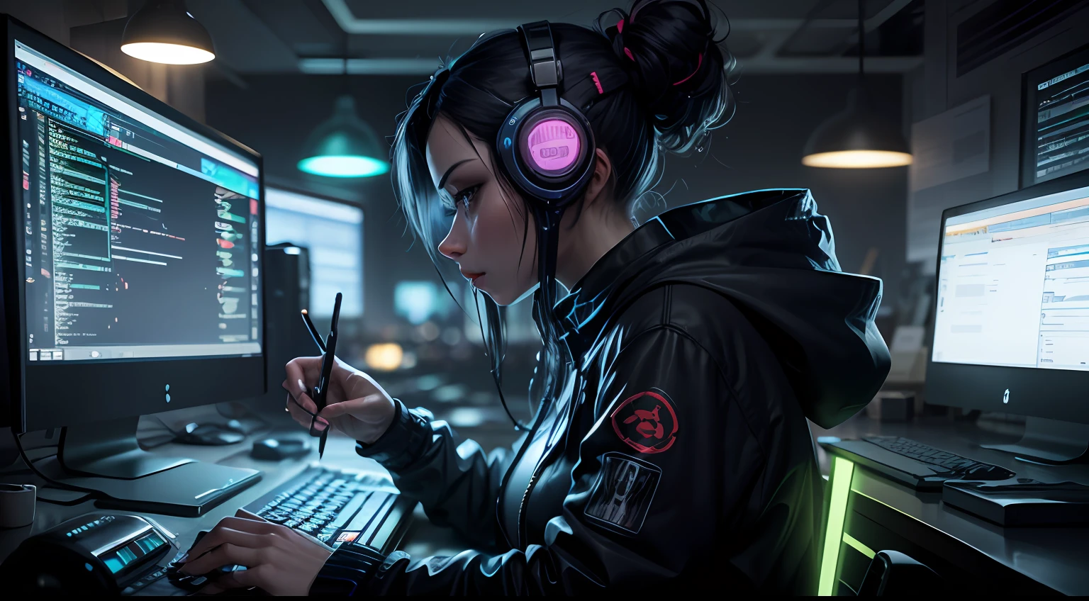 coding at night, cyberpunk, high details, 4k