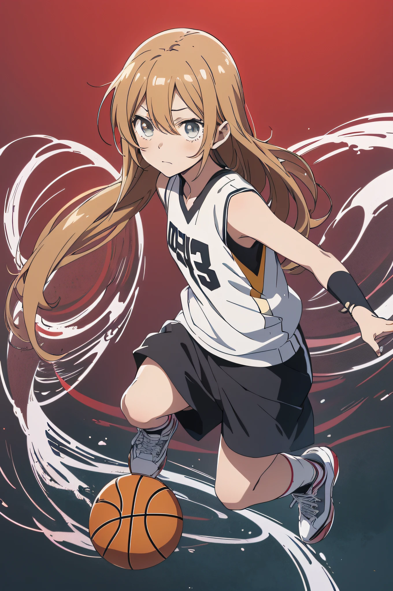 (beste Quality,アニメ,Anime Art Style:1.2), a  girl, 13yo, sweats、Playing Basketball,Intense angle、Strenuous movements,Looking away,emotionless