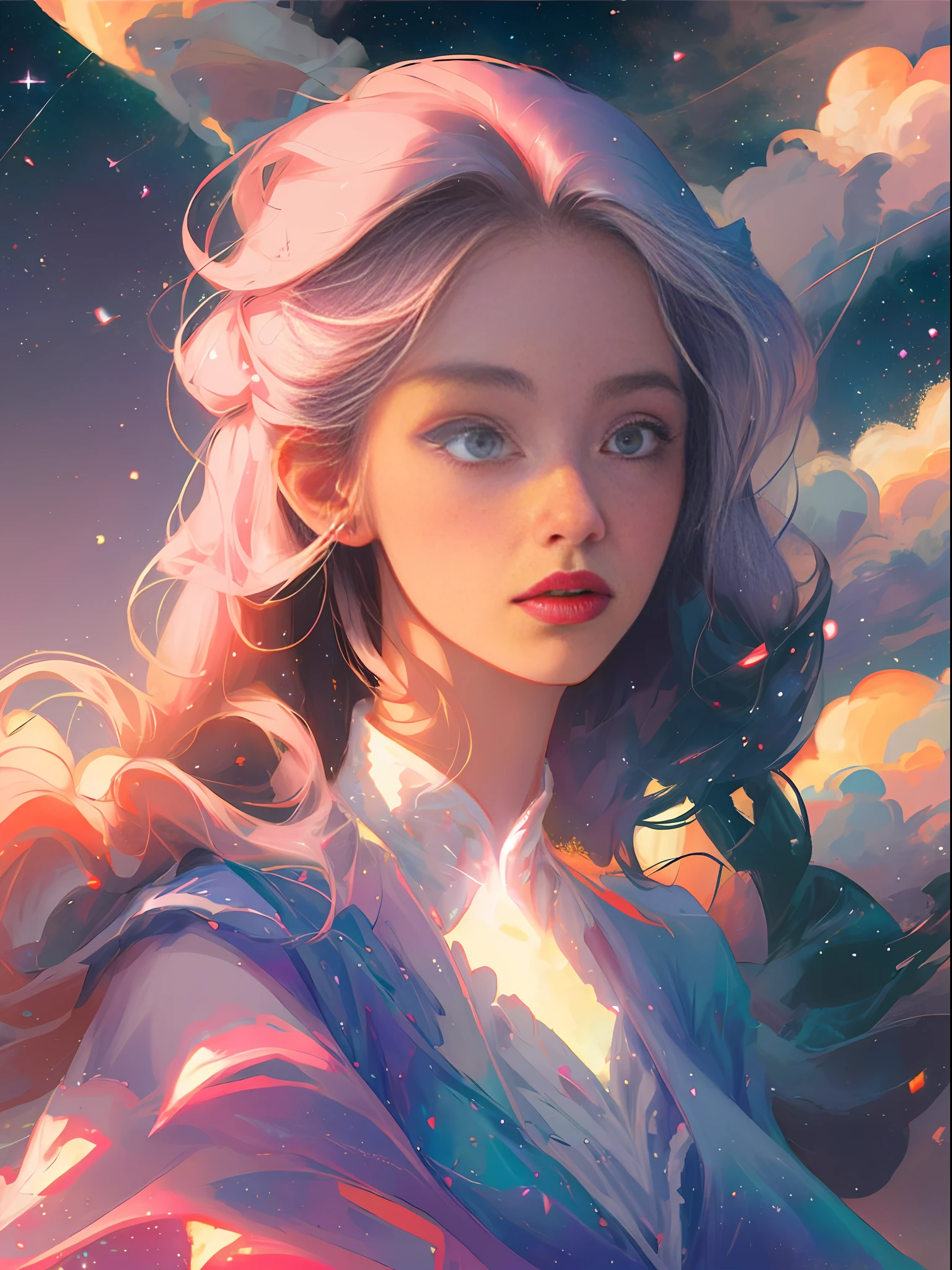 celestial goddess, afloat, Pink-white clouds, galaxias, Starcloud,Integrate with the cloud,Warm white,Portrait photo,Pastel background,