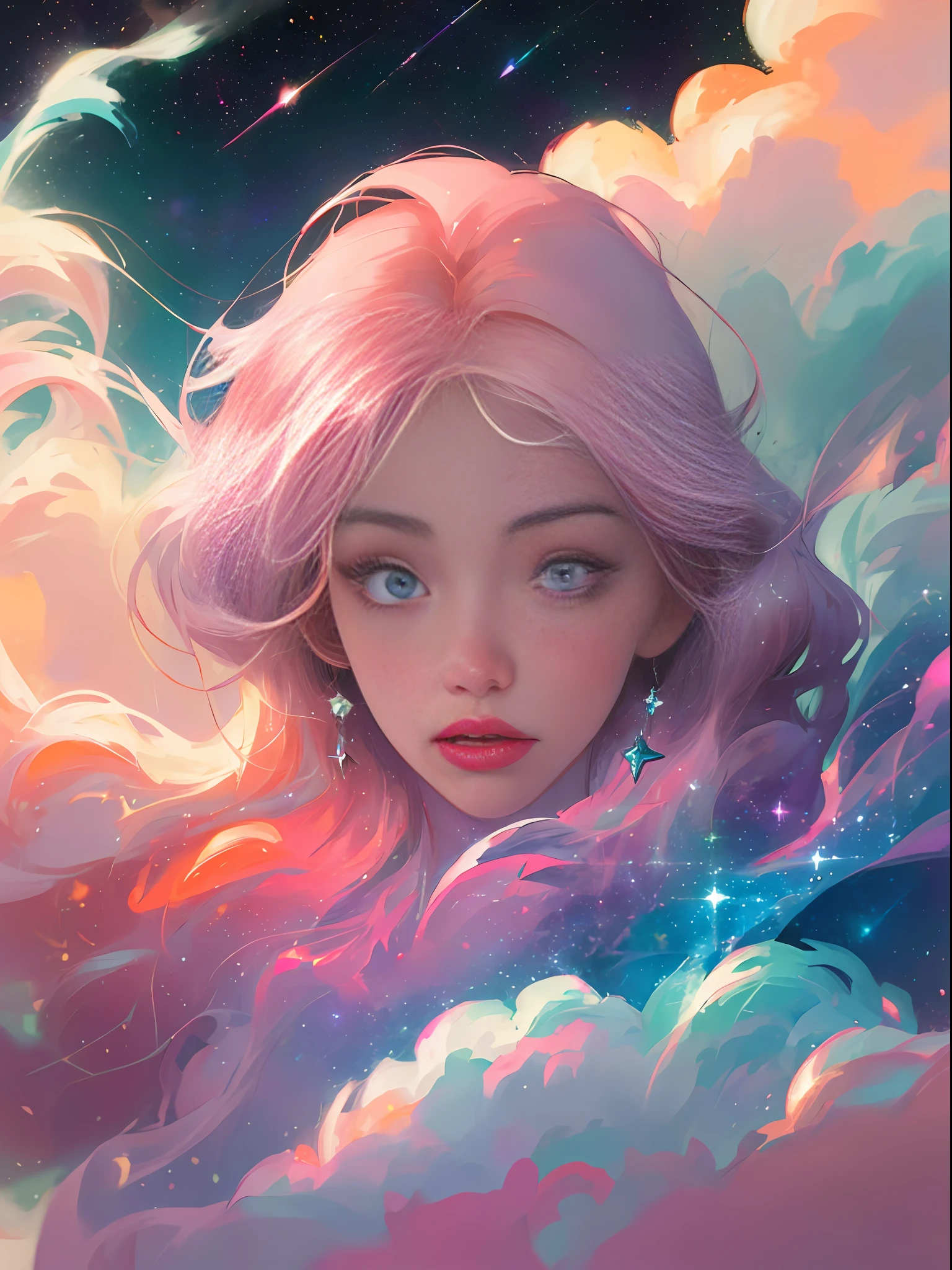 celestial goddess, afloat, Pink-white clouds, galaxias, Starcloud,Integrate with the cloud,Warm white,Portrait photo,Pastel background,