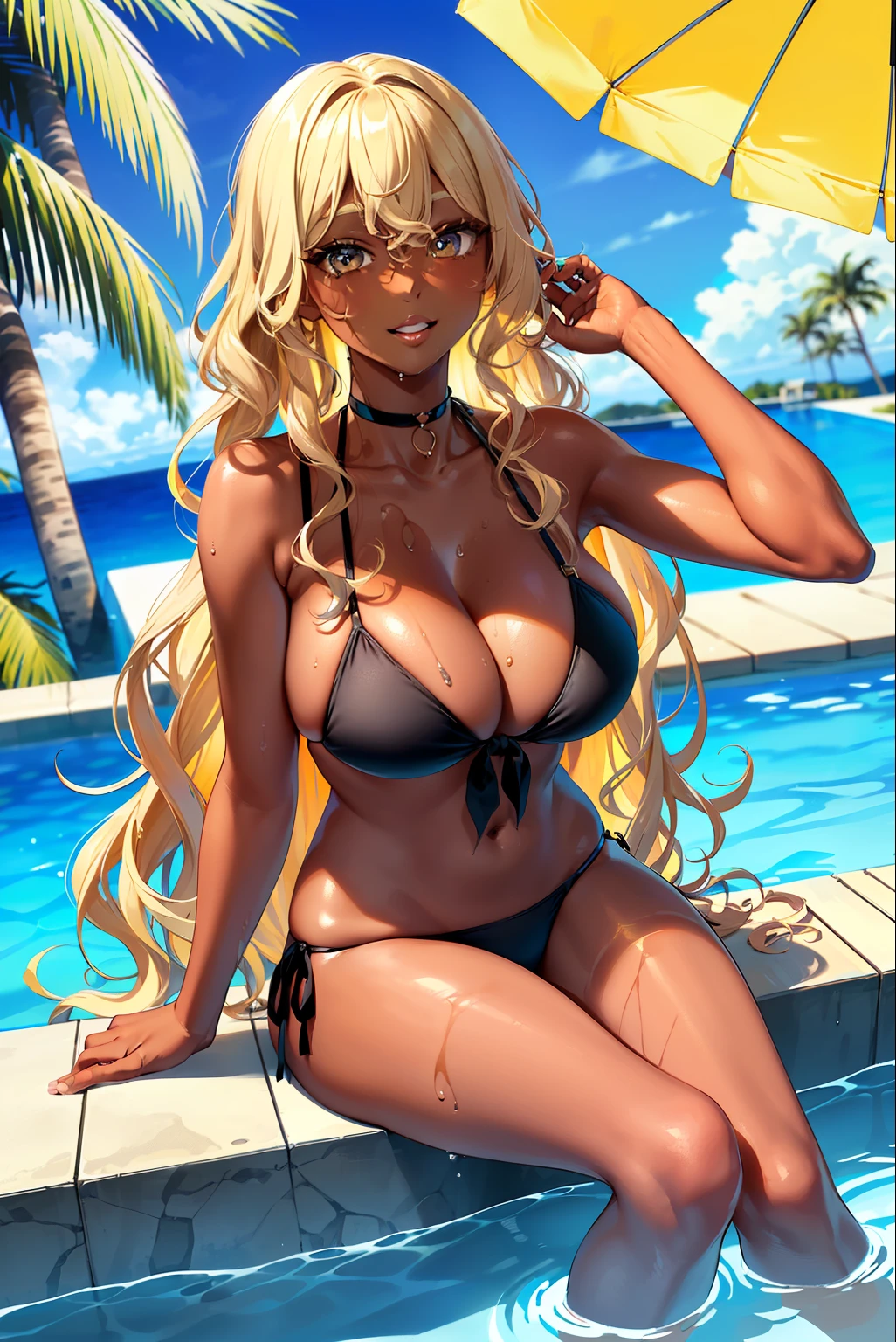 masterpiece, excellent quality, high quality, blond supermodel looking at viewer, upper body, tall female, wet, sitting with feet in the water, partially submerged, gyaru, (dark skinned female:1.4), adjusting hair, (blonde hair, bangs, very long hair:1.2), (wavy hair:1.4), hair spread out, eyelashes, cute face, detailed face, detailed eyes, eyelashes, brown eyes, confident smile, detailed lips, large breasts, cleavage, skindentation, (choker, black front-tie bikini top, black side-tie bikini bottom:1.2), pool, outdoors, night, tropical resort hotel, palm trees, bushes, rocks, wooden floor, beautiful detailed night sky, bungalow
