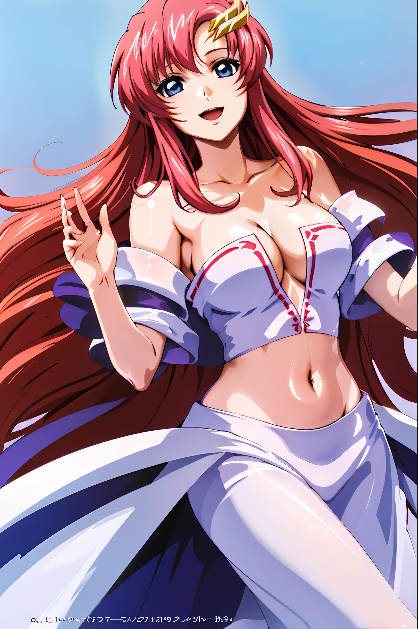 (masterpiece, 4k, best quality, highres, anime, lacus4), 1girl, solo, long hair, dress, hair ornament, pink hair, cleavage, blue eyes, off-shoulder, white dress, MEDIUM breasts, smile, open mouth, slim belly