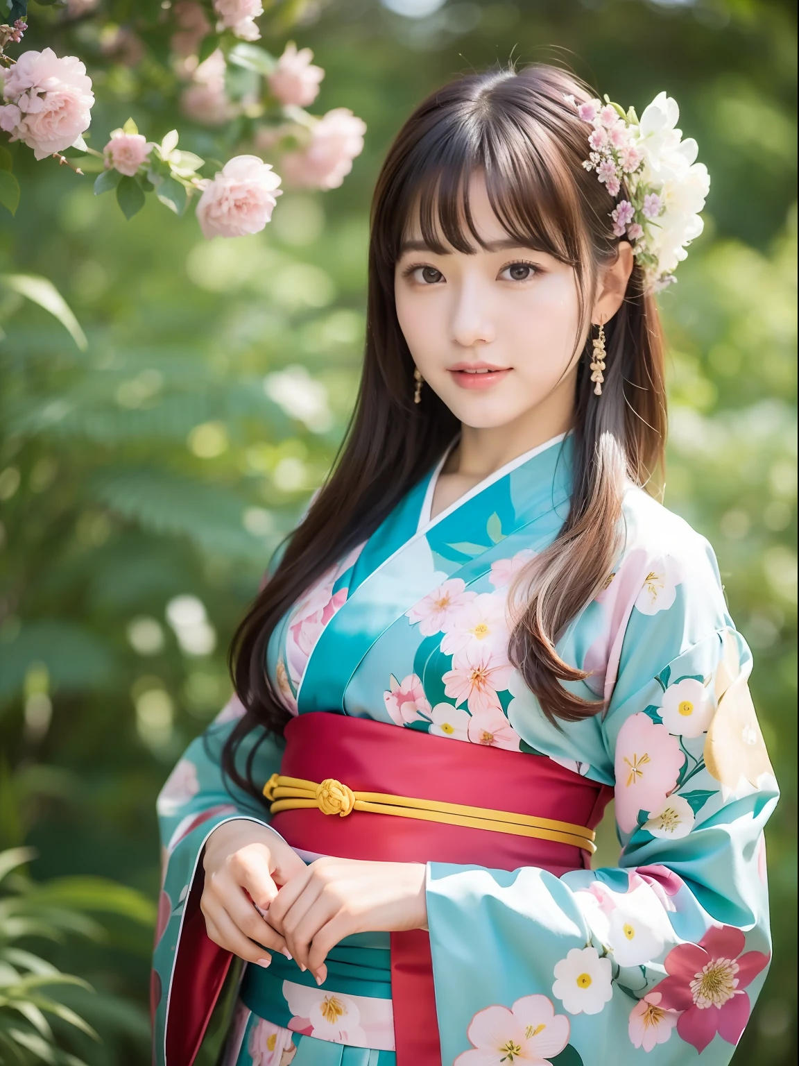 masterpeace, best quaity, (((real、photo-realistic:1.37))), ((1man)), 8k, extremely delicate and beautiful, marvelous, Official art with attention to detail, Ridiculous, incredibly absurdres, huge filesize, ultra- detailed, highly detail, (Beautiful girl), (detailed girl), Very detailed eyes and face, Beautiful detailed eyes, Light makeup, (1 girl), (Perfect female figure), ((Flower Kui)), Slim waist, (Korean beauty), ((all body)), with bangs, Feminine look, Gentle smile, (Furisode), (japanese kimono), (18years old),