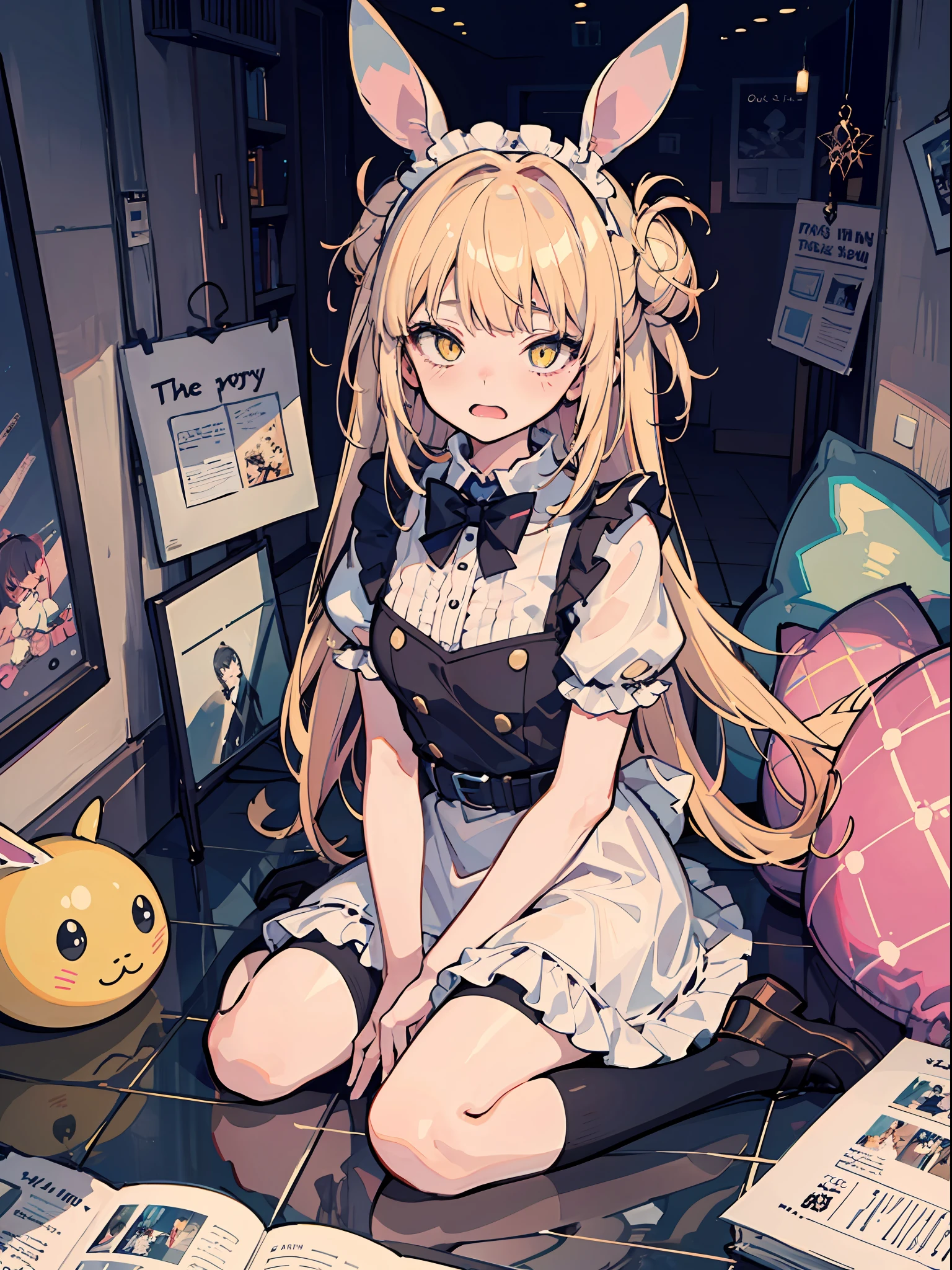 This illustration shows a girl sitting on the floor，She transforms into the image of a bunny girl，The illustration presents a very detailed cover art effect。The scene is depicted very delicately。She is dressed in a role-play costume in a maid costume，The whole gives a sense of innocence，There is a love motif in the picture，The overall picture has a jagged edge effect，Taken together，This illustration creates a naïve scene，Featuring the image of a bunny girl，And mixed with elements of Lovecraft， Embarrassing face　Embarrassed cheeks turning red　Startled　surprise