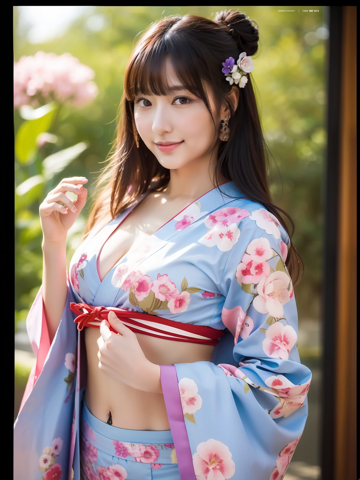 masterpeace, best quaity, (((Real、photo-realistic:1.37))), ((1man)), 8K, extremely delicate and beautiful, marvelous, Official art with attention to detail, Ridiculous, incredibly absurdres, huge filesize, ultra- detailed, highly detail, (Beautiful girl), (detailed girl), Very detailed eyes and face, Beautiful detailed eyes, Light makeup, (1 girl), (Perfect female figure), ((Flower Kui)), slim waist, (The beauty of the Japan), ((all body)), With bangs, fold your hands in the abdomen,, Feminine look, Gentle smile, (Furisode), (japanese kimono), (18years old),