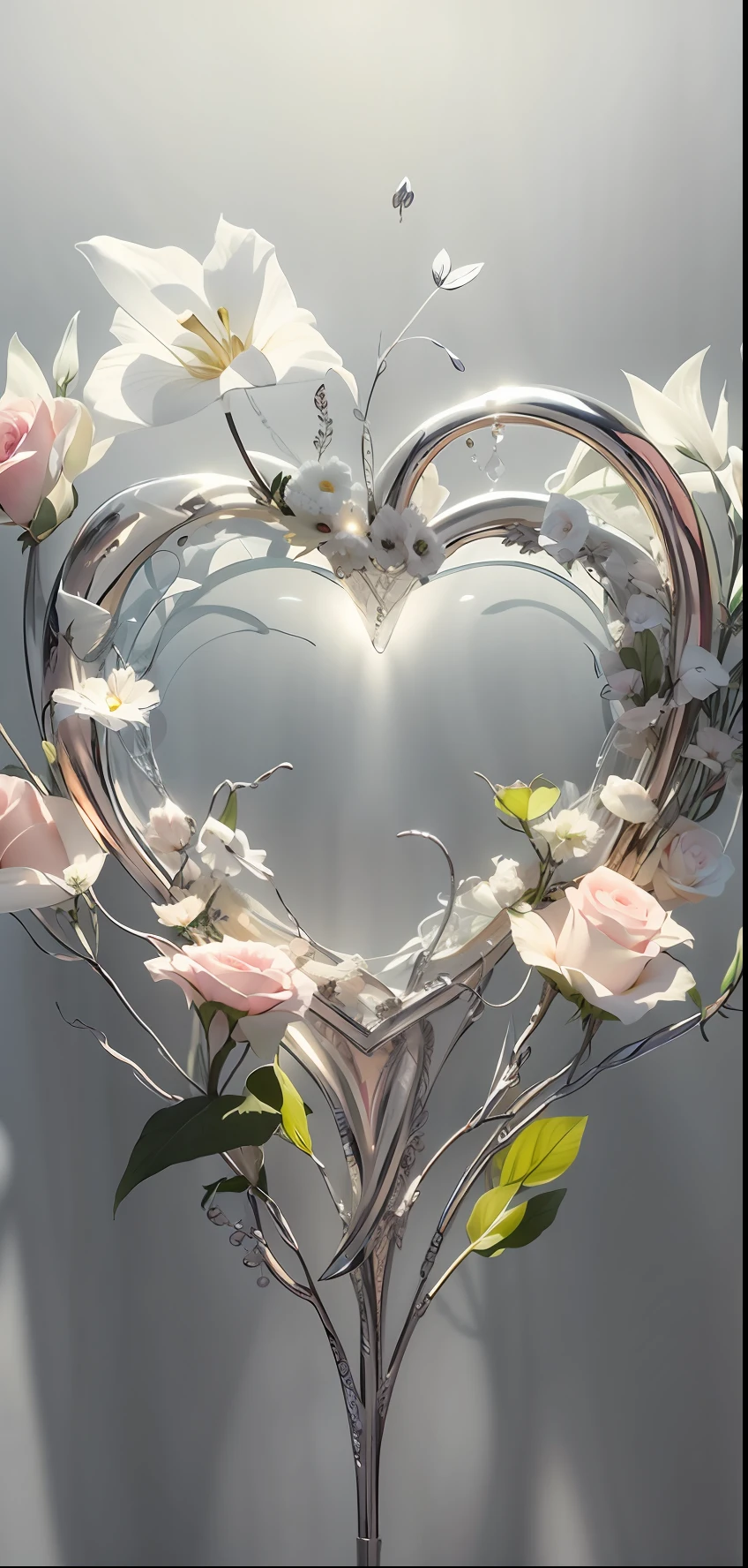 There is a heart-shaped object，There is a bouquet of flowers inside, glowing with silver light, silver，tusk, rose gold heart, Unreal Engine ; romantic themed, made out of shiny white metal, pearlescent white, Soft glow, white and silver, render, glass sculpture of a heart, beautifully soft lit, gleaming silver, subdued lighting, soft white glow