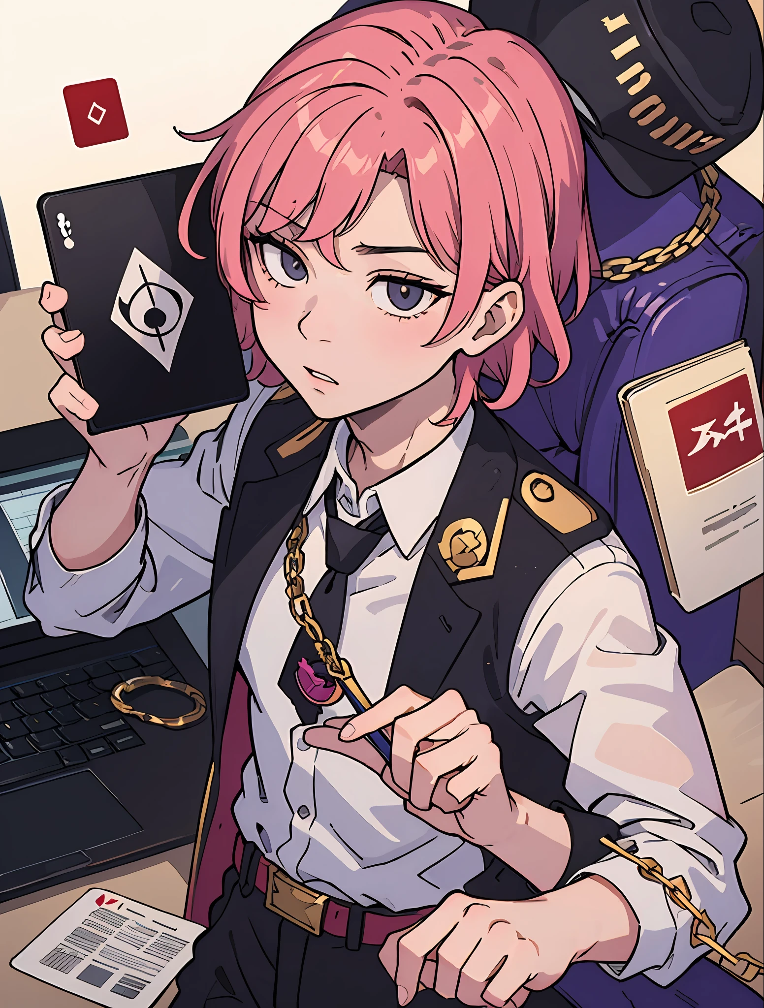 Seinen Magazine、Manga work、jelly_jam, punkrosette, 1boy, from_behind, male_focus, solo, rating:safe, jelly_jam, scorpion_gay, punkrosette, looking_at_viewer, blurry, blurry_background, blurry_foreground, depth_of_field, black_necktie, gradient, gradient_background, portrait, 2boys, holding, instrument, laptop, pen, playing_instrument, sheet_music, tablet_pc, closed_mouth, hat, simple_background, card, drawing, playing_card, foreshortening, outstretched_arm, outstretched_hand, chain, red_necktie, book, holding_book, russian_text, speech_bubble, parted_lips, badge, holding_phone, iphone, transparent_background, abs, cowboy_shot, muscular