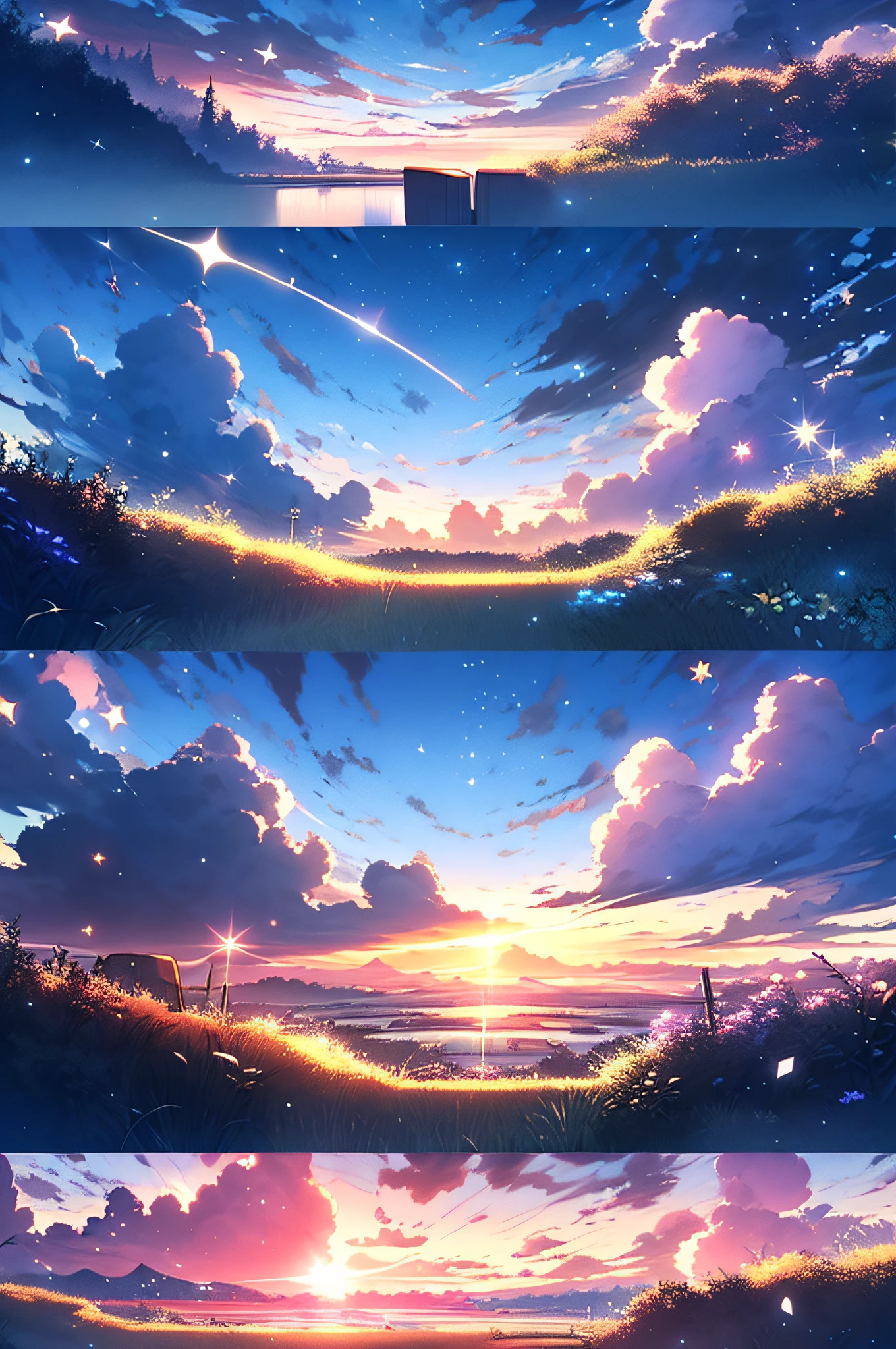 anime style landscape, hayao miyazaki, highest quality, sparkles, shiny,scenery, no humans, sky, cloud, outdoors, sunset