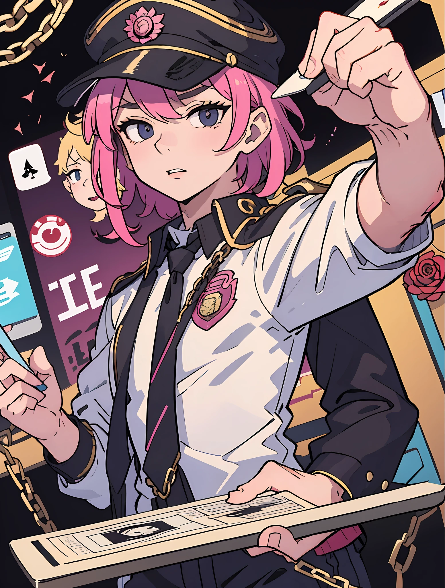 Seinen Magazine、Manga work、jelly_jam, punkrosette, 1boy, from_behind, male_focus, solo, rating:safe, jelly_jam, scorpion_gay, punkrosette, looking_at_viewer, blurry, blurry_background, blurry_foreground, depth_of_field, black_necktie, gradient, gradient_background, portrait, 2boys, holding, instrument, laptop, pen, playing_instrument, sheet_music, tablet_pc, closed_mouth, hat, simple_background, card, drawing, playing_card, foreshortening, outstretched_arm, outstretched_hand, chain, red_necktie, book, holding_book, russian_text, speech_bubble, parted_lips, badge, holding_phone, iphone, transparent_background, abs, cowboy_shot, muscular