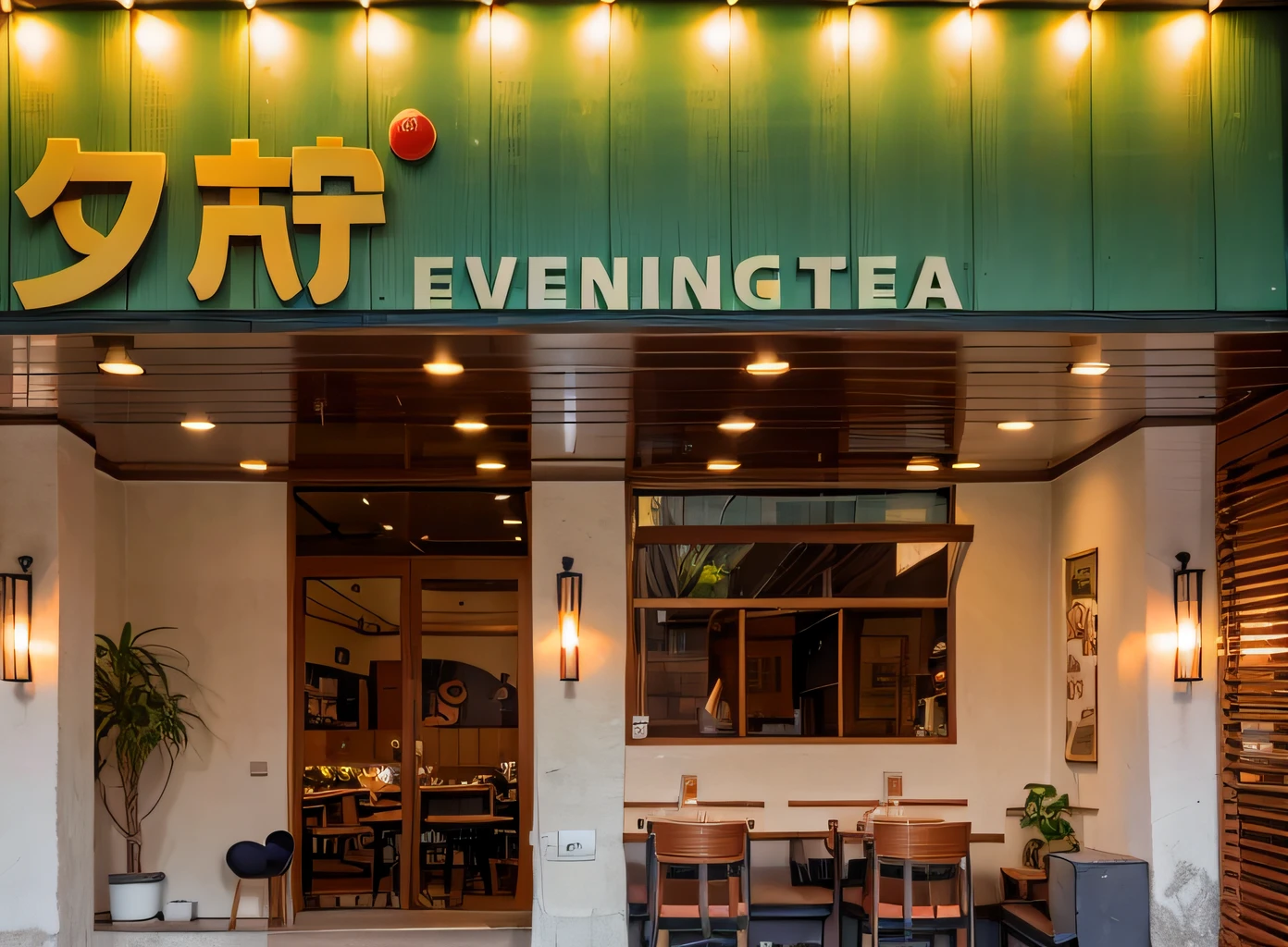 arafed view of a restaurant with a green sign and white chairs, evening, Night lighting, evening light, early evening, Chiba Yuda, evening mood, trends ，, evening at dusk, Wang Chen, summer evening, everlasting, author：Wang Yi, In the evening, Middle metaverse --auto