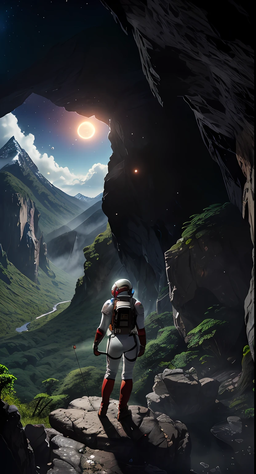 (35mmstyle:1.2), Highly detailed RAW color Photo, Rear Angle, Full Body, of (female space marine, wearing white and red space suit, futuristic helmet, tined face shield, rebreather, accentuated booty), outdoors, (standing on Precipice of tall rocky mountain, looking out at magical lush green rain forest on alien planet), vivid detail, (exotic alien planet), toned body, big butt, (sci-fi), (mountains:1.1), (lush green vegetation), (two moons in sky:0.8), (highly detailed, hyperdetailed, intricate), (lens flare:0.7), (bloom:0.7), particle effects, raytracing, cinematic lighting, shallow depth of field, photographed on a Sony a9 II, 35mm wide angle lens, sharp focus, cinematic film still from Gravity 2013, viewed from behind, dynamic angle