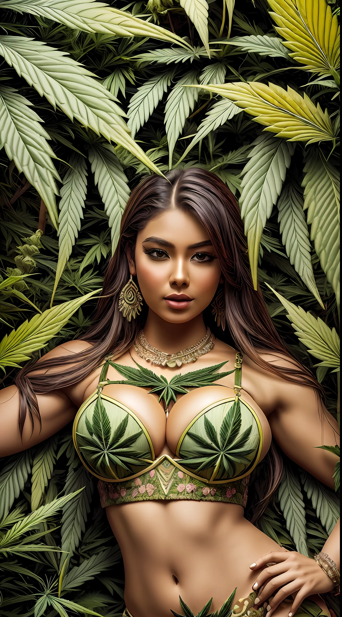 1sexy exotics voluptuous curvy thick busty Amazonian girl with marijuana forest sexy Amazonian clothes, marijuana flowers, marijuana leaves, mandalas, fractal, Amazonian art, Amazonian culture