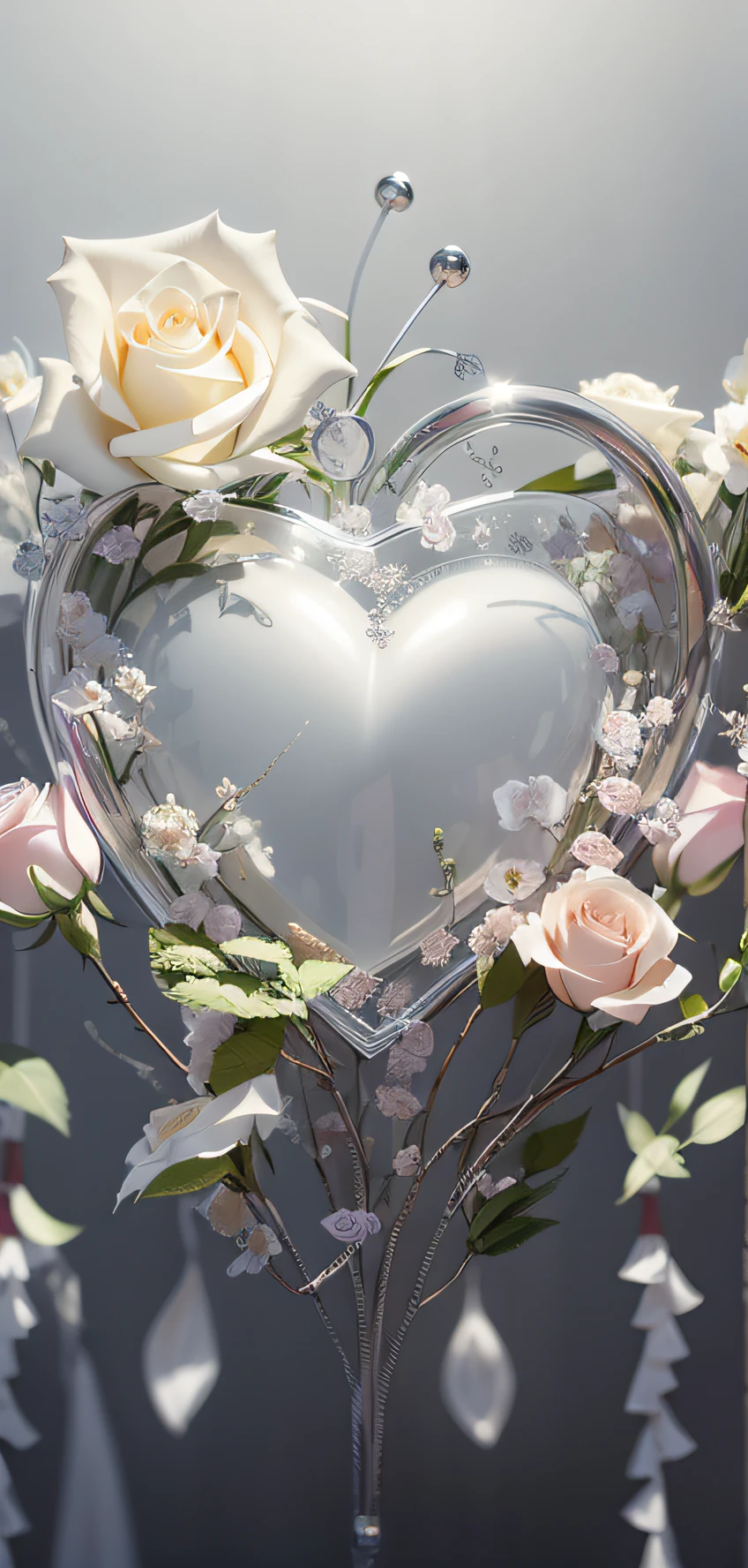 There is a heart-shaped object，There is a bouquet of flowers inside, glowing with silver light, silver，tusk, rose gold heart, Unreal Engine ; romantic themed, made out of shiny white metal, pearlescent white, Soft glow, white and silver, render, glass sculpture of a heart, beautifully soft lit, gleaming silver, subdued lighting, soft white glow