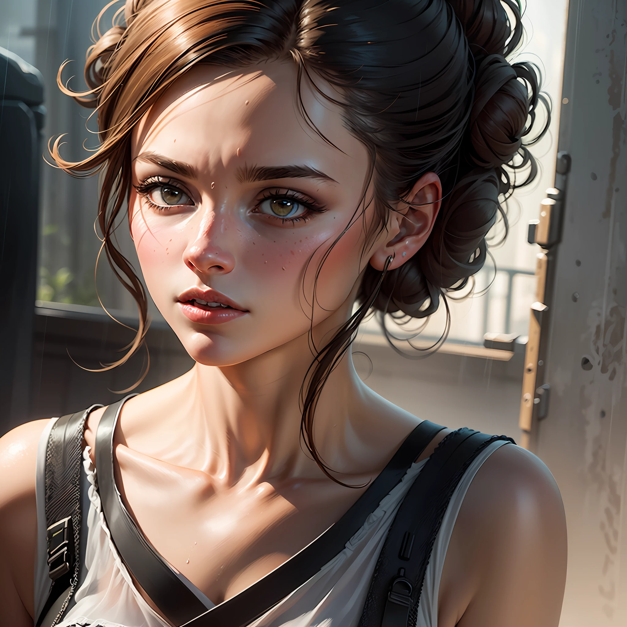 there is a woman with a messy bun in the rain, highly realistic digital art, very realistic digital art, beautiful digital artwork, cinematic realistic portrait, ultra realistic digital painting, gorgeous face portrait, beautiful portrait photo, detailed beauty portrait, beautiful realistic face, ultra realistic digital art, ultra-realistic digital art, detailed beautiful portrait, realistic digital painting, beautiful face portrait
