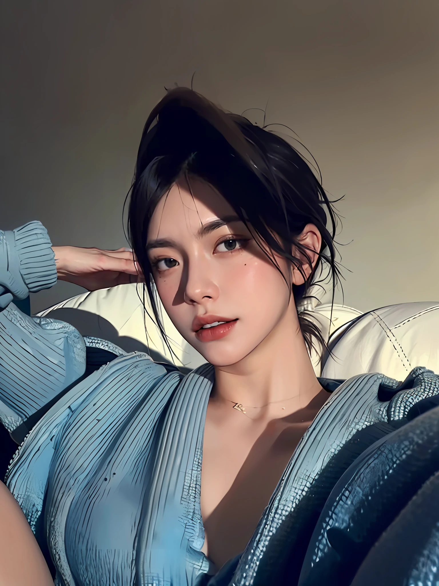 a 30 yo woman,(hi-top fade:1.3),long hair,dark theme, soothing tones, muted colors, high contrast, (natural skin texture, hyperrealism, soft light, sharp),