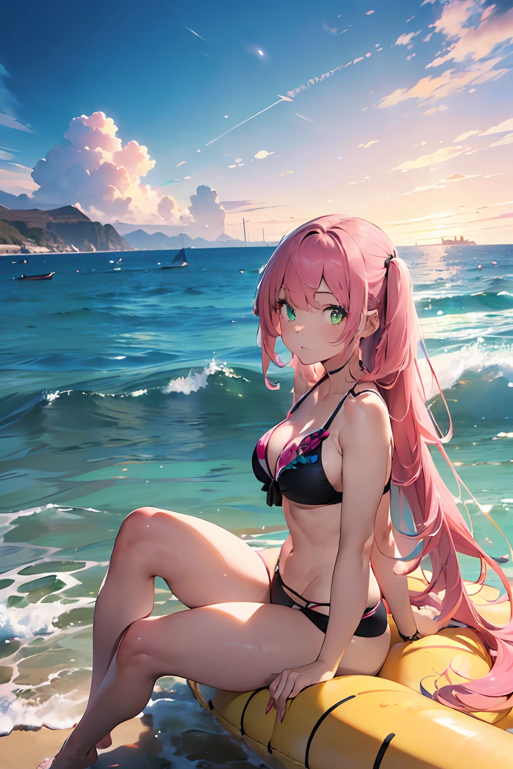 Banana boat(((Masterpiece))),((Ultra detailded,Best Quality, 8K Wallpaper, beautiful Clothes,)),ful body,Fulll body Shot (1 girl)((Pink hair, Long hair,Straight hair,two side up)) (Green eyes),eyeshadows, eyelines,Glow Eyes, intricate eyes, Beautiful eyes, ((Glowing pink pupils))18 years old girls.bikinis