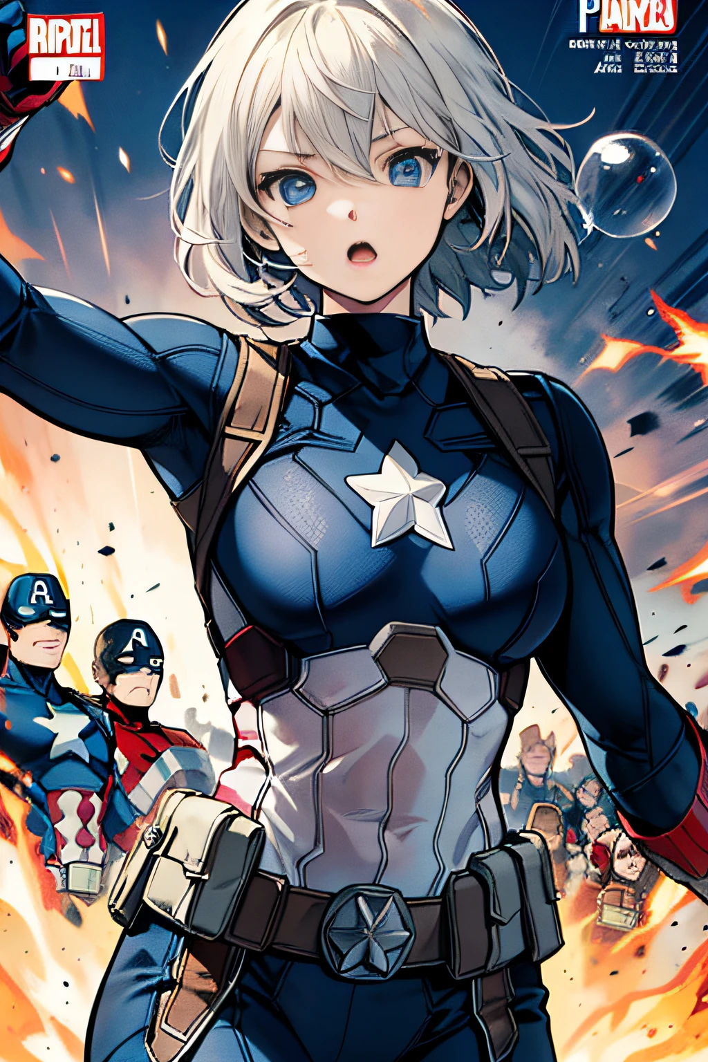 (((best qulaity))),(((Ultra detailded))),(((杰作))),(((Comic books))),Female superheroes,Female Captain America,Action,Dynamic,Voice bubbles,Pow,bang between eyes。