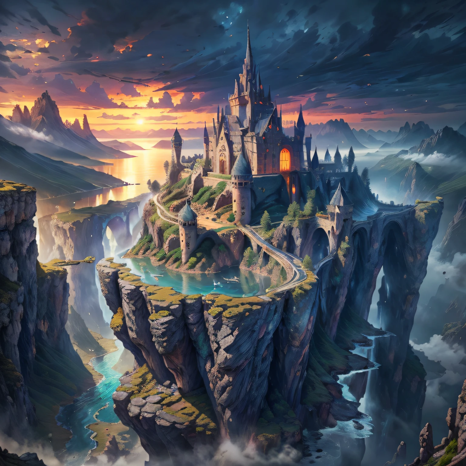 High resolution, super detailed, official art, unified 8k wallpaper, super detailed, beautiful and aesthetic, elven kingdom, castle built on a cliff, world tree, vines, thorns, dark, forest, lake, sky, clouds, magic, fantasy incredible, supersaturated, surreal, high resolution, artgerm, masterpiece, super detailed, epic composition, high quality, highest quality, 16k