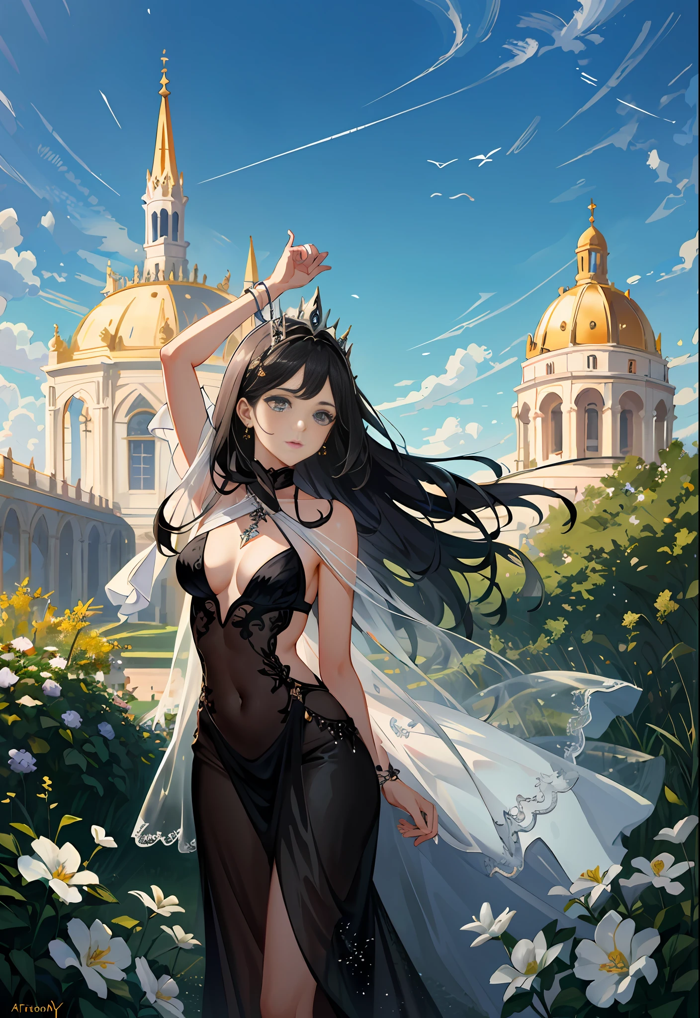 Model shooting style, (extremely detailed CG Unity 8k wallpaper), half-shot body photo of the most beautiful artwork in the world, stunning beautiful photo realistic available, super realistic super detailed photo, a beautiful girl as a female dancer,complex dress, banquet, crowd, [slight smile],(Chateau de Versailles, Pisa Baptistery Of St.  background, Flowers,navel,crowd),(princess eyes, shining pupils),detailed symmetrical beautiful hazel eyes, detailed gorgeous face, highly detailed, Vibrant, professional majestic oil painting by Ed Blinkey, Atey Ghailan, Studio Ghibli, Jeremy Mann, Greg Manchess, Antonio Moro, ArtStation Trends, CGSociety Trends, Complex, High Detail, Sharp Focus, Dramatic, Realistic Painting Art, by Midjourney and Greg Written by Rutkowski