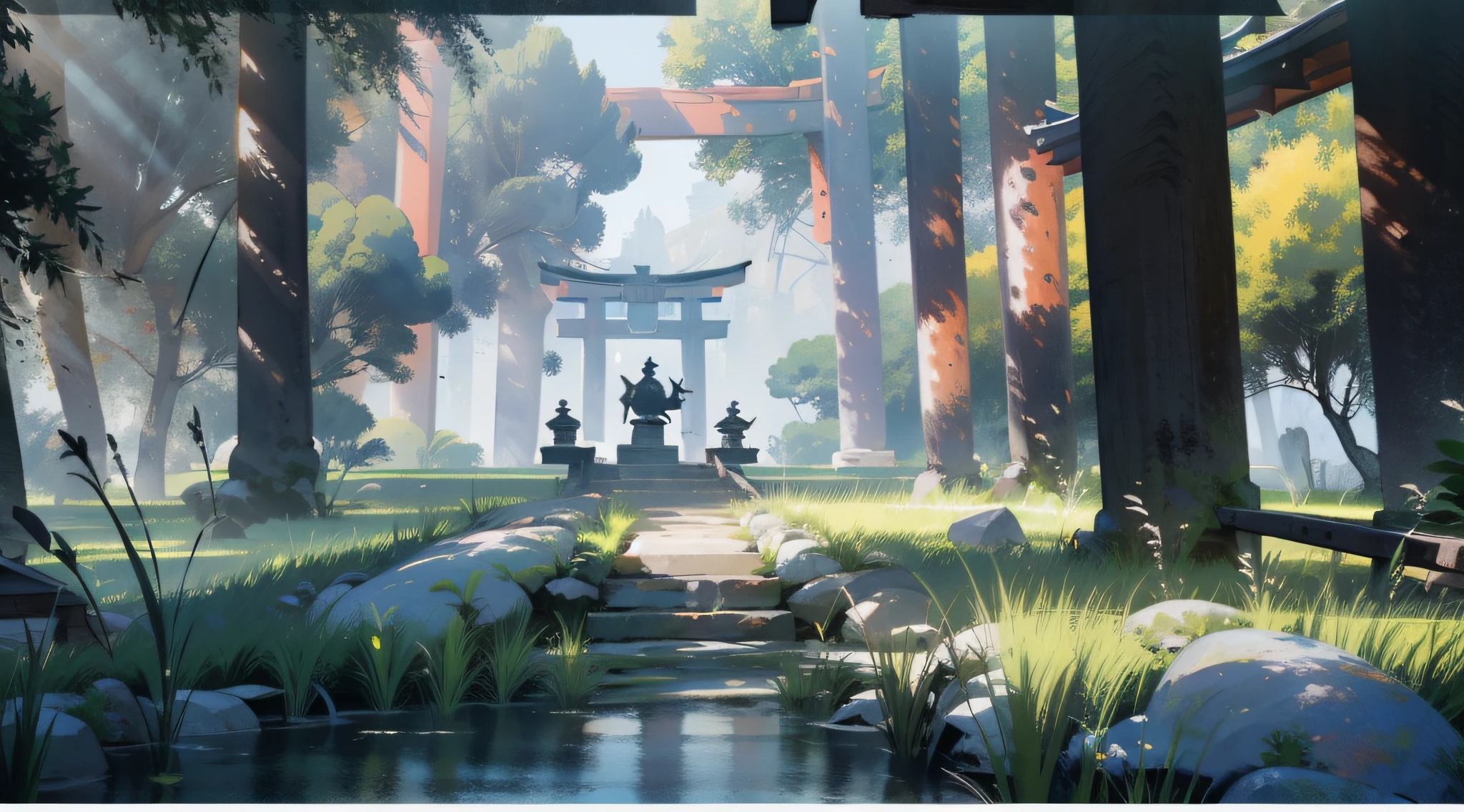 （Ancient Japanese shrine design），（Cobblestone road，porch，Torii，Stone lanterns，Depth，symmetrical design），（wood planks，Bonsai，vase，massive trees，Shrine，florals，ponds，courtyard，waterwheels），abundant detail，Ancient Japanese Showa style，Quiet and elegant atmosphere，Cool tones are the keynote，Delicate and soft painting style，Cinematic lighting effects，HD picture quality，Gentle light，Tyndall effect，dreamlike，abundant detail，Refer to Gu Kaizhi，32K