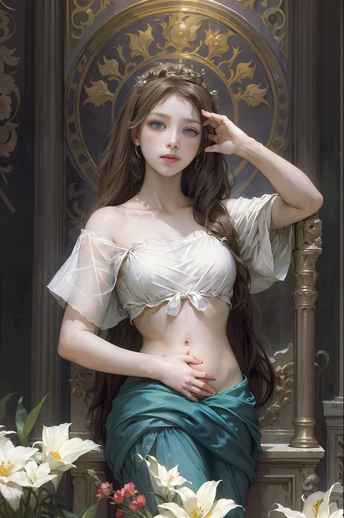 (masterpiece, official art, beautiful and aesthetic),(best quality:1.2),light on face,cinematic lighting, (1girl:1.2),(Chateau de Versailles, Pisa Baptistery Of St. John background, Flowers,navel,crowd),(princess eyes, shining pupils),Depth of field, classical, church, elegent,