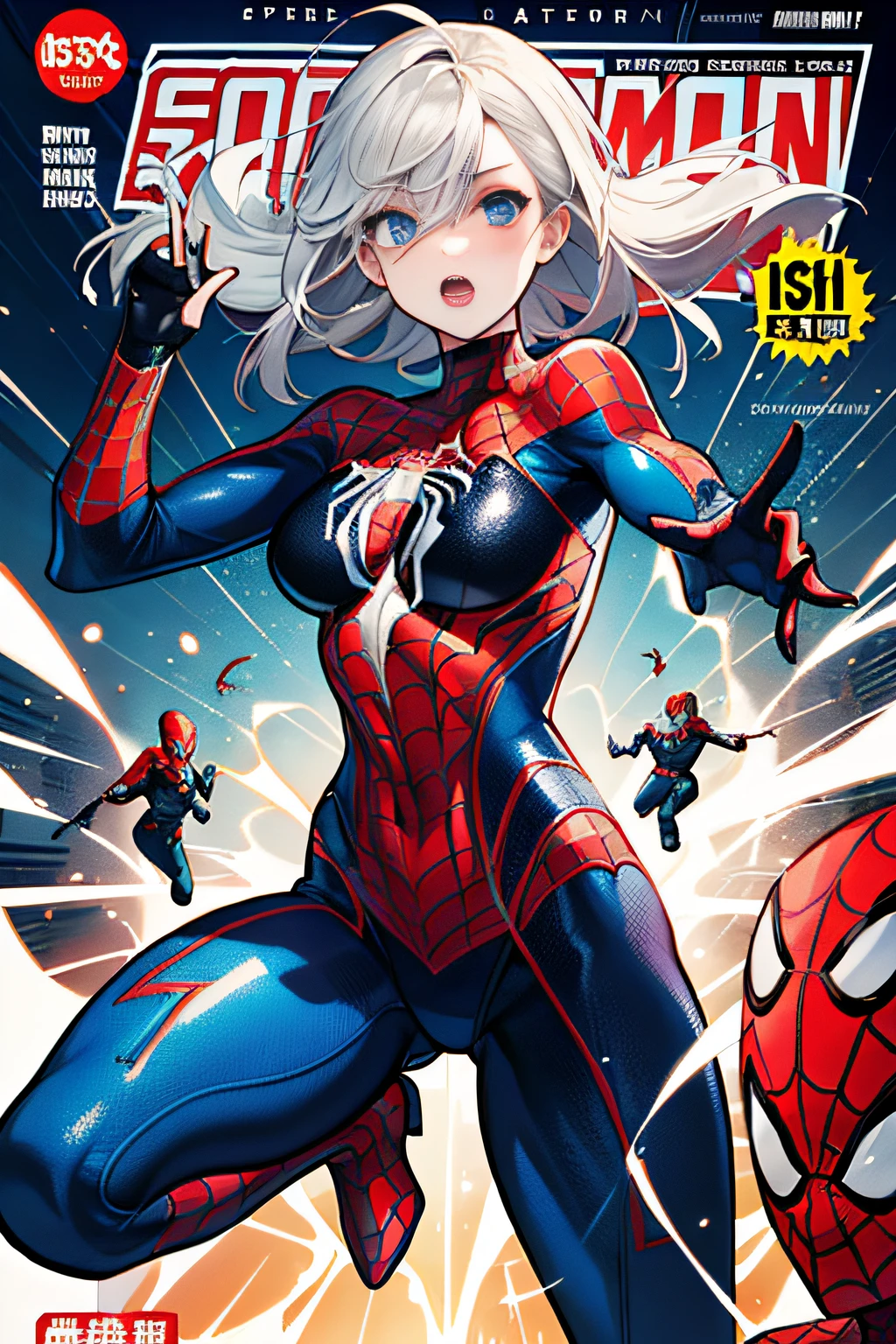 (((best qulaity))),(((Ultra detailded))),(((杰作))),(((Comic books))),Female superheroes,Female Spider-Man,Action,Dynamic,Voice bubbles,Pow,bang between eyes。