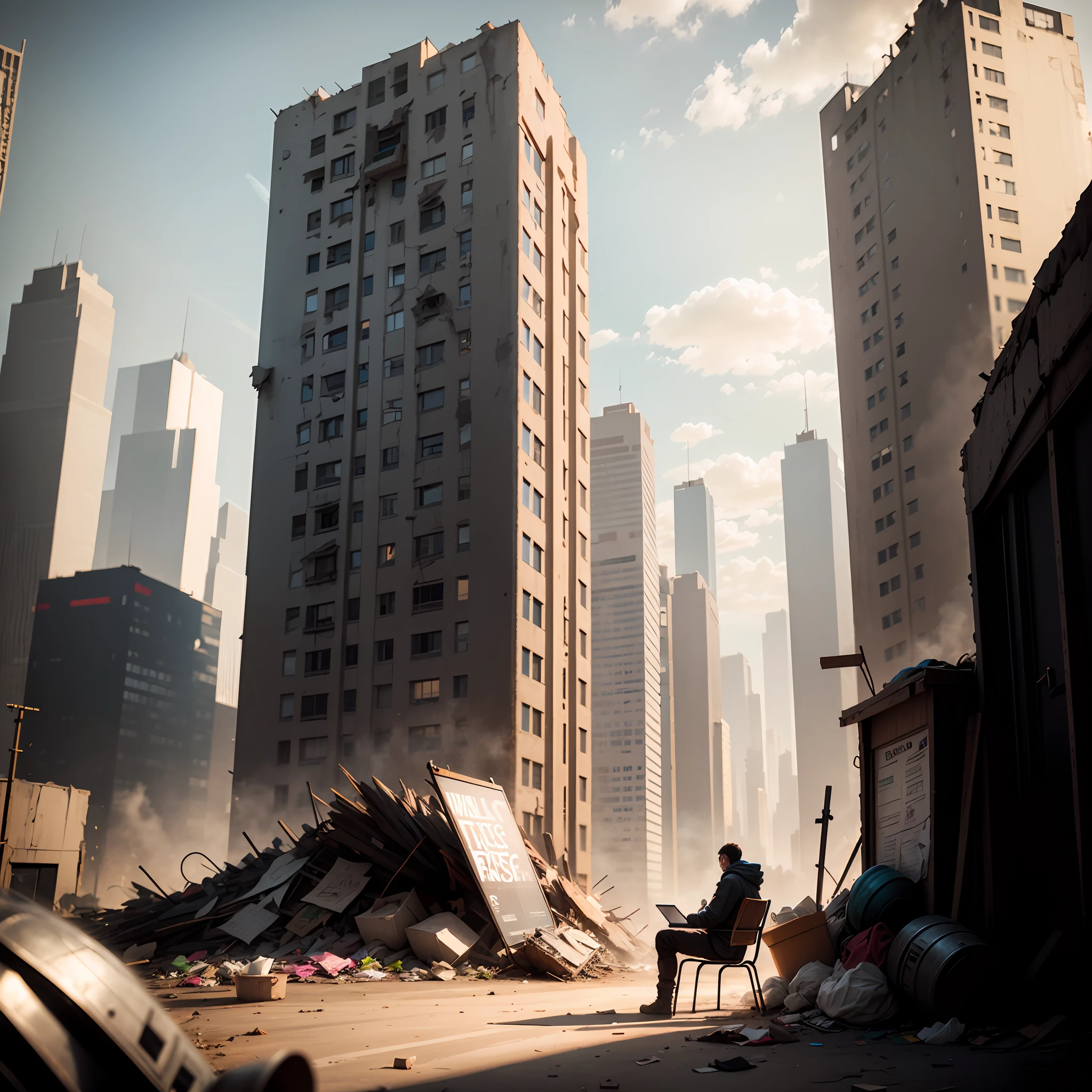 arafed man sitting in a chair in a pile of trash with a laptop, digital concept art of dystopian, in a post apocalyptic setting, matte painting portrait shot, 3 d render beeple, in a post-apocalyptic wasteland, 3 d render and matte painting, in a post apocalyptic city, cinematic beeple, matte painting of human mind, highly detailed, face detailed, photorealistic, 8k --auto