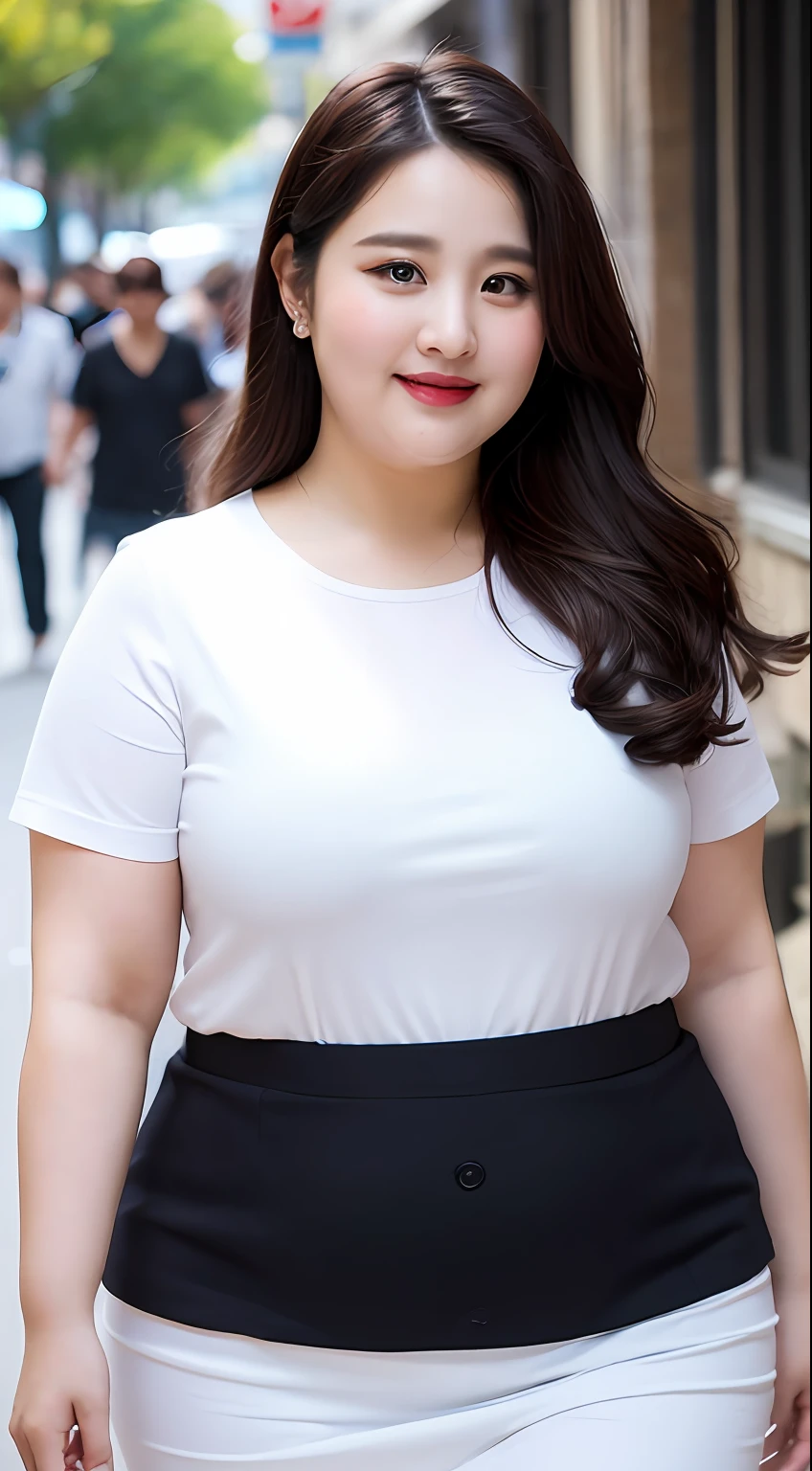 Extremely beautiful and delicate(((Obese woman))),Wears purple short sleeves,White Long Dress,Obese woman,Long black ponytail hair,Exquisite and elegant,Warm pink lips,Delicate eyes,ExquisiteDetail,Not exposed,bustiness,Face life with a smile,fotorealistisch,8K HD,Realistic shooting,Soft cinematic lighting,Outdoor streets,Perfect body,(Standing posture),Not exposed