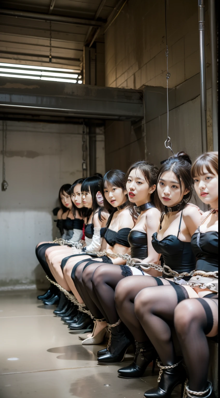 best image quality, collar, audience, large room, basement, whole room, stage, whole body, women in the back, dark, concrete, men in the back, shackles, shackles, squatting, silk underwear, collar with chains, arms with chains, stockings, wet skin, long brown hair, shiny beautiful skin,