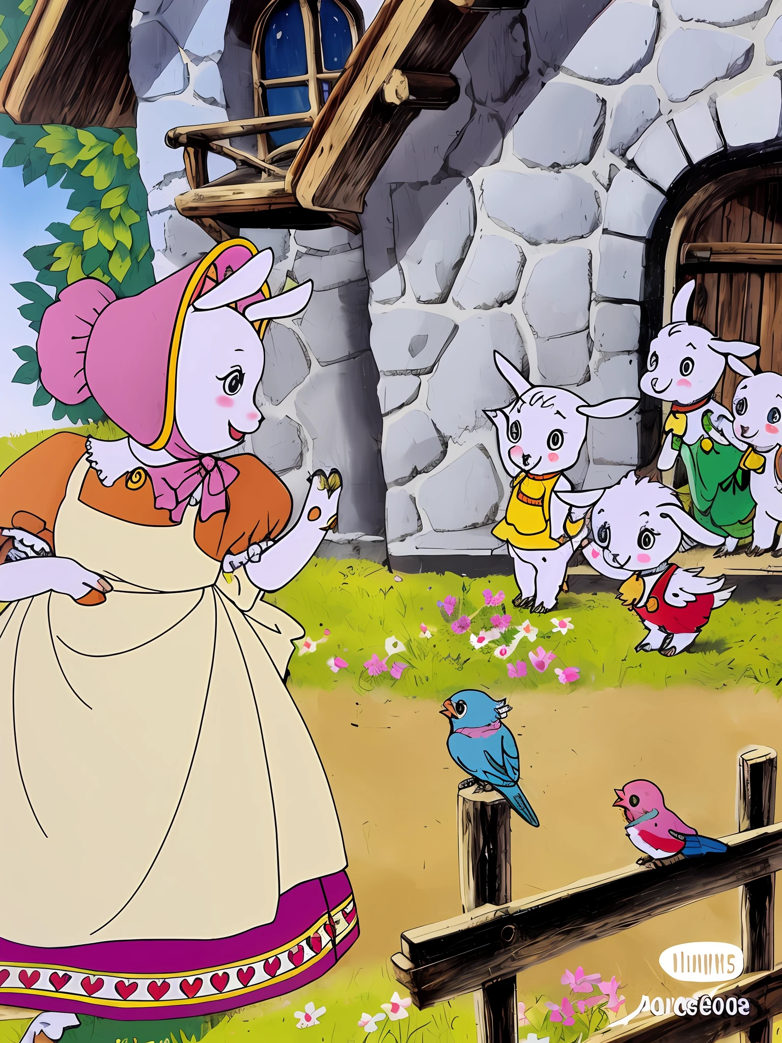 There is a mother goat in the picture,Four baby goats,Mother goat and baby goat say goodbye,Four baby goats happily waved goodbye to their mother by the door,On the fence next to it are two chirping birds in colorful illustrations,childrens illustration