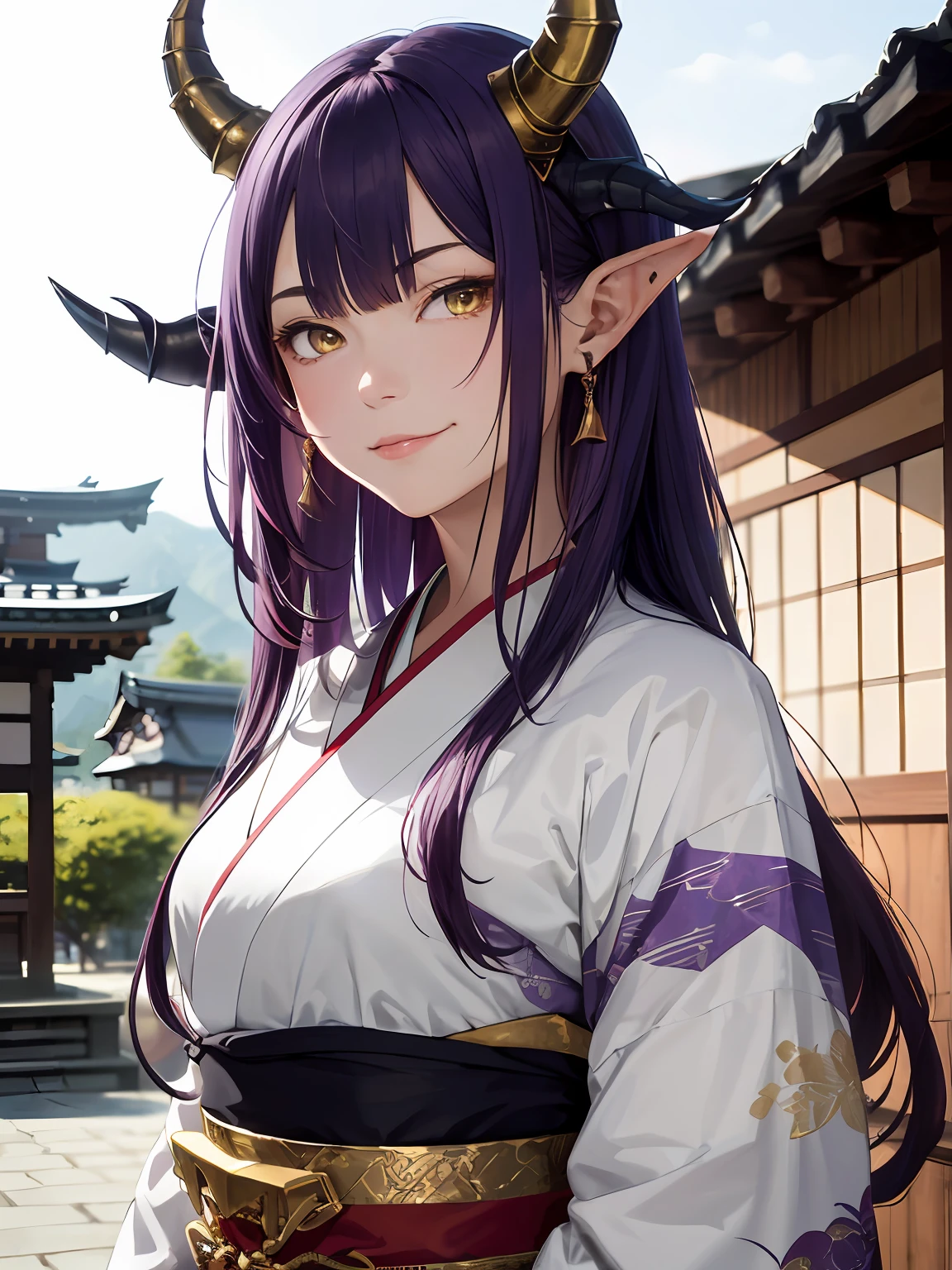 absurdres, highres, ultra detailed, (1girl:1.3), long hair, purple hair, messy hair, golden eyes, dragon horns, (pointed ears), evil smirk, traditional japanese clothing, japanese village in the background