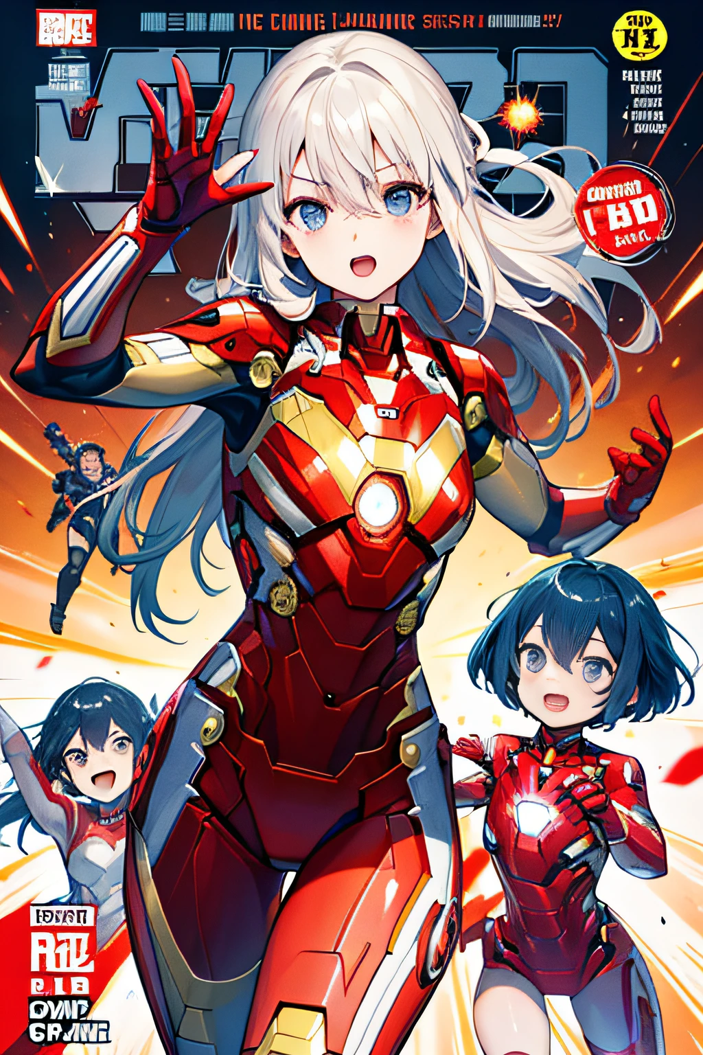 （（（best qulaity））），（（（Ultra detailded））），（（（杰作））），（（（Comic books））），Female superheroes，Female Iron Man，Action，Dynamic，Voice bubbles，Pow，bang between eyes。