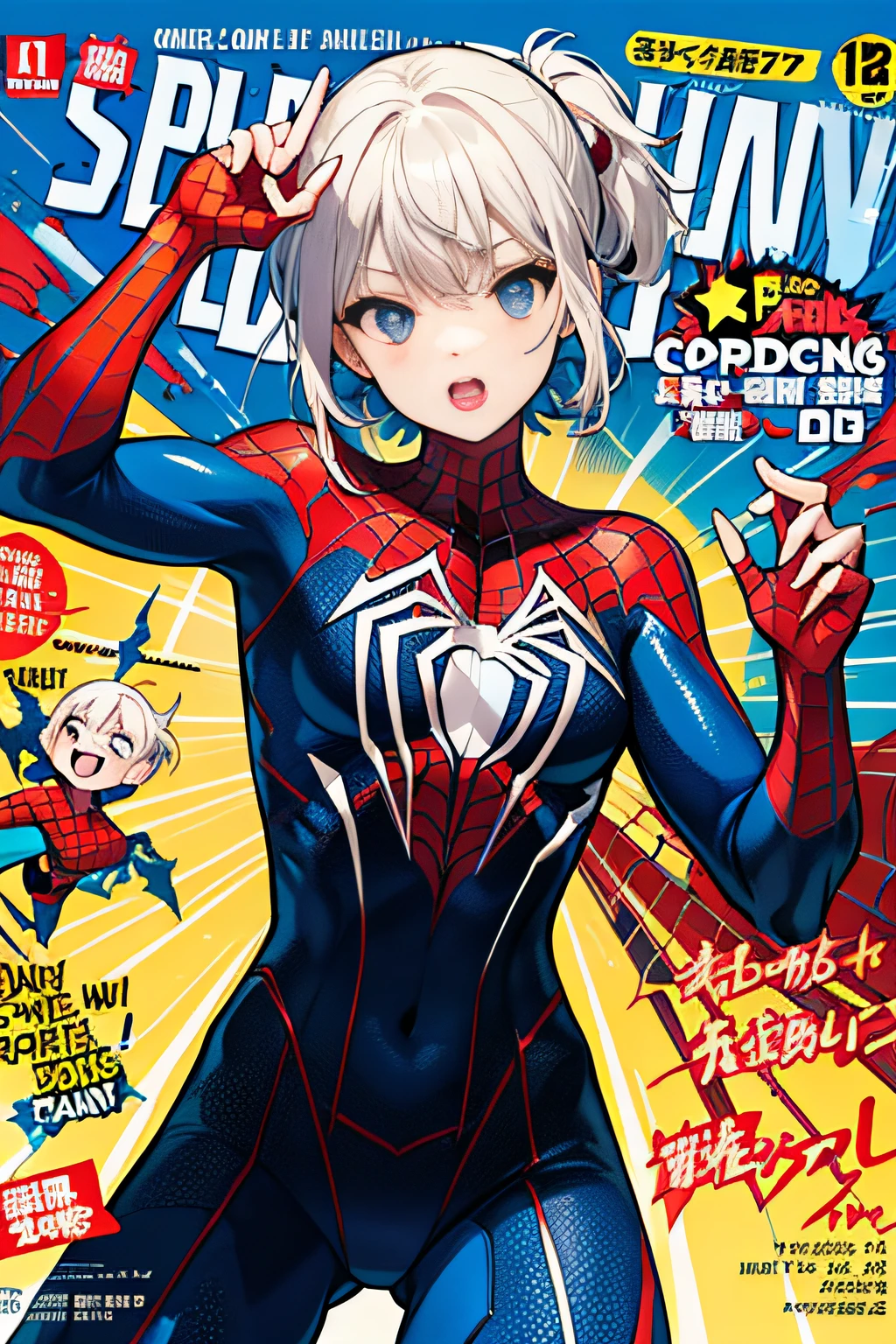 (((best qulaity))),(((Ultra detailded))),(((杰作))),(((Comic books))),Female superheroes,Spider man,action,dynamic,Voice bubbles,pow,bang。