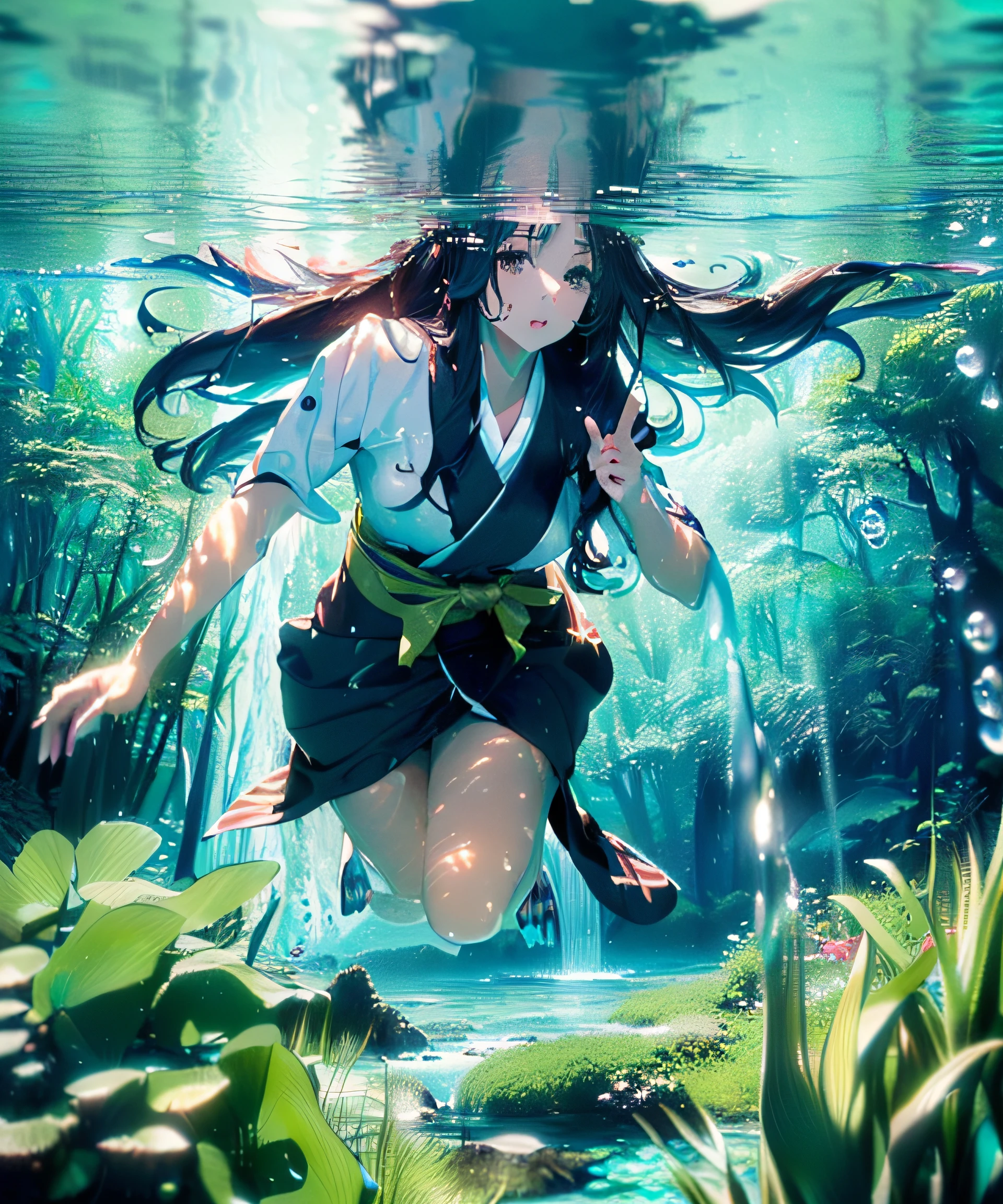 (masterspiece、Realstic、Top image quality、beste Quality、ultra-highres、photorealestic:1.1)、((A long-haired black woman swimming underwater in a kimono in a clear stream that passes to the bottom of the water with a waterfall deep in the forest1Underwater shooting of a beautiful human girl:1.5)))