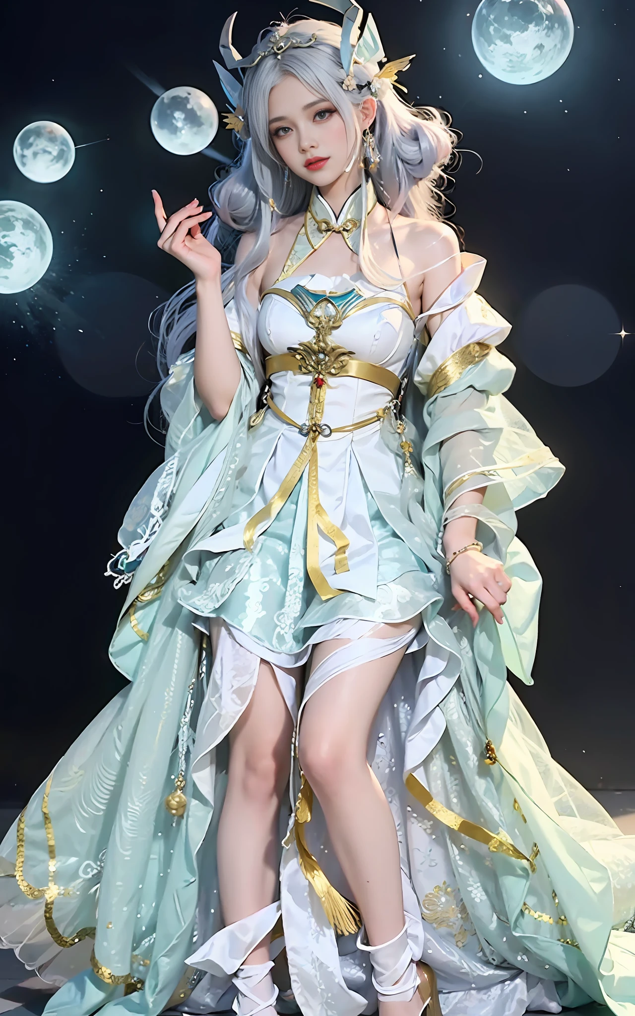 a close up of a woman in a costume on a stage, full body xianxia, beautiful celestial mage, a stunning young ethereal figure, a beautiful fantasy empress, astral witch clothes, sha xi, flowing magical robe, white hanfu, xianxia fantasy, belle delphine, ethereal fantasy, elegant glamourous cosplay, heise jinyao
