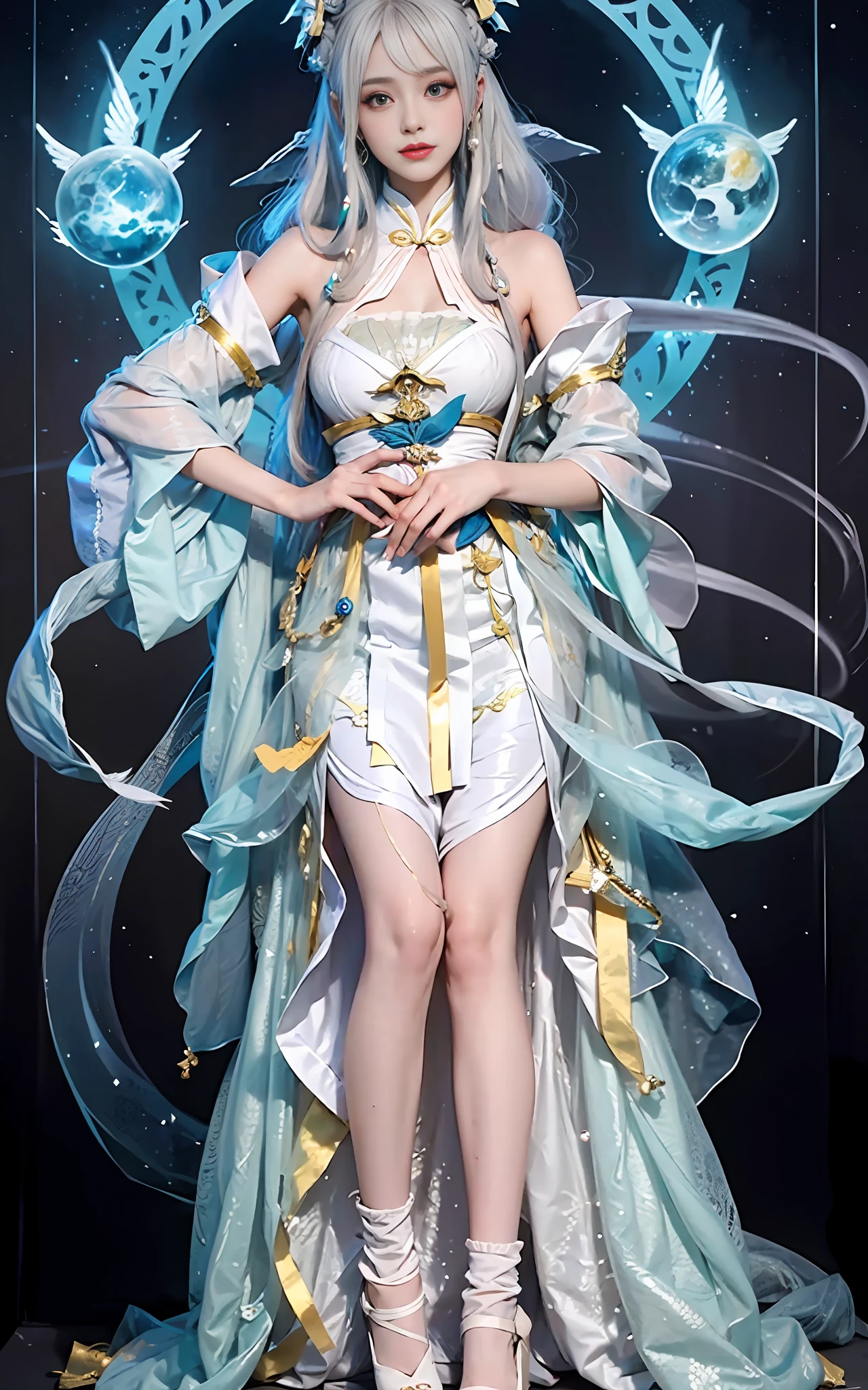 a close up of a woman in a costume on a stage, full body xianxia, beautiful celestial mage, a stunning young ethereal figure, a beautiful fantasy empress, astral witch clothes, sha xi, flowing magical robe, white hanfu, xianxia fantasy, belle delphine, ethereal fantasy, elegant glamourous cosplay, heise jinyao