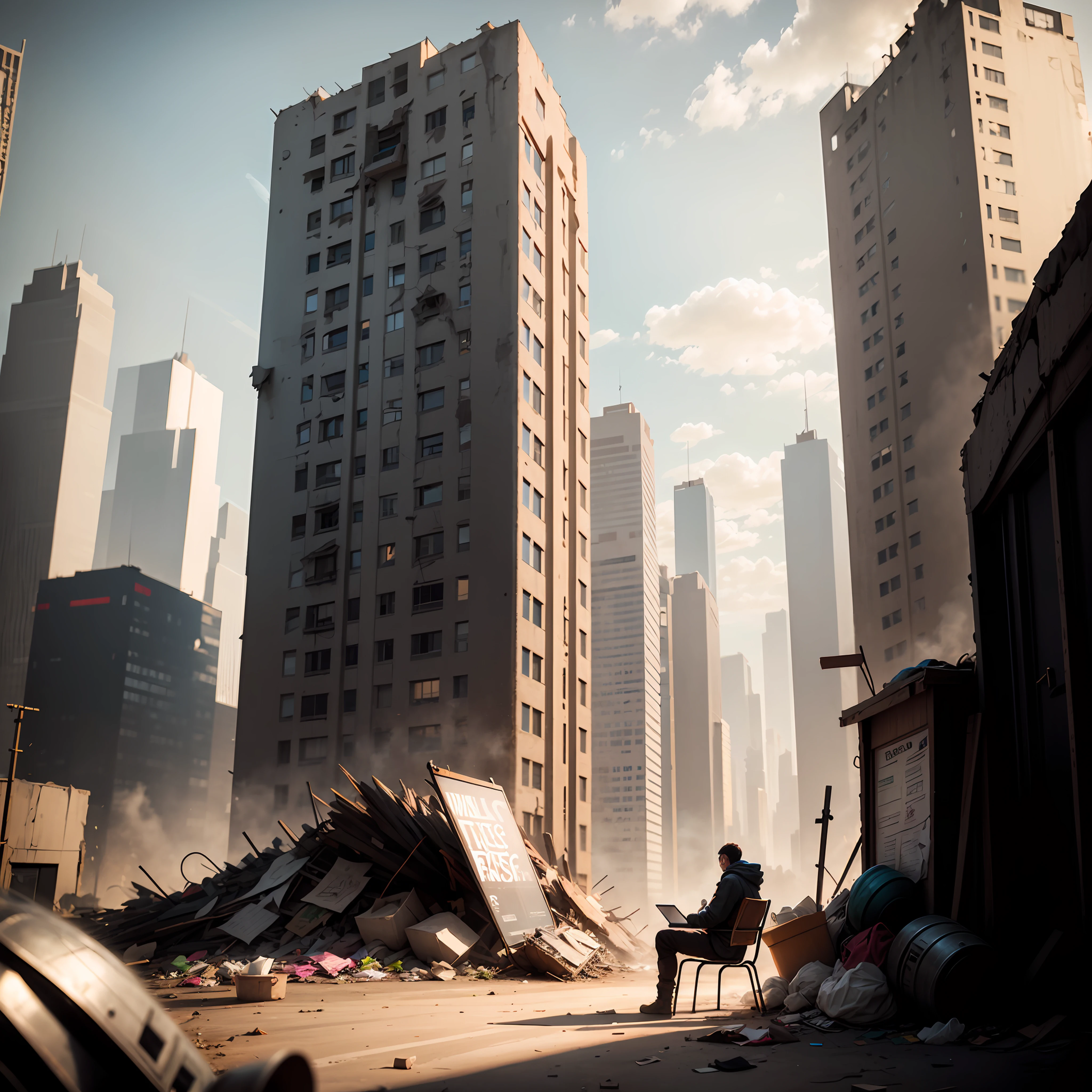 arafed man sitting in a chair in a pile of trash with a laptop, digital concept art of dystopian, in a post apocalyptic setting, matte painting portrait shot, 3 d render beeple, in a post-apocalyptic wasteland, 3 d render and matte painting, in a post apocalyptic city, cinematic beeple, matte painting of human mind, highly detailed, face detailed, photorealistic, 8k --auto