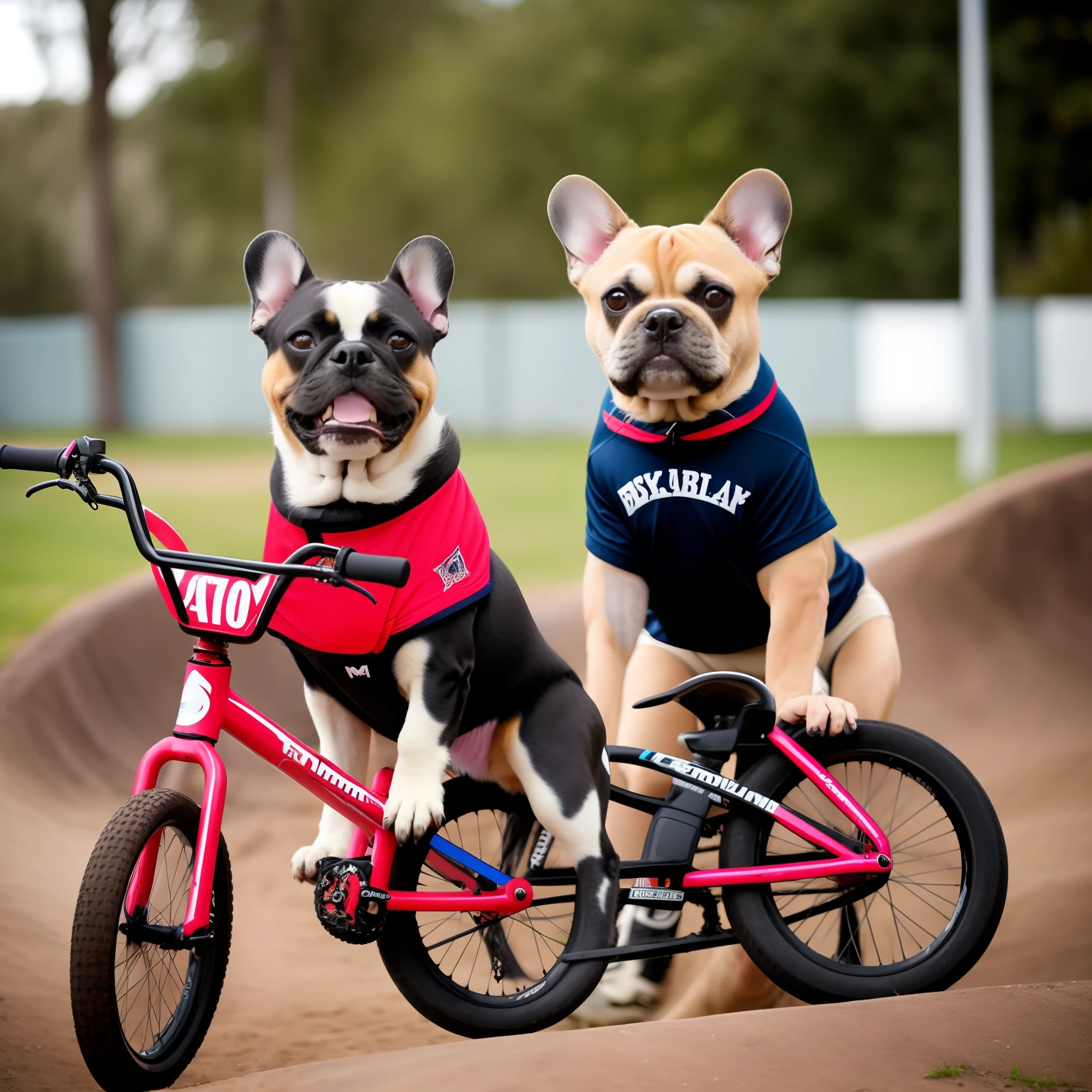 Um Cachorro buldog frances ao lado de uma bicicleta de bmx. The French bulldog must be wearing competition clothes.