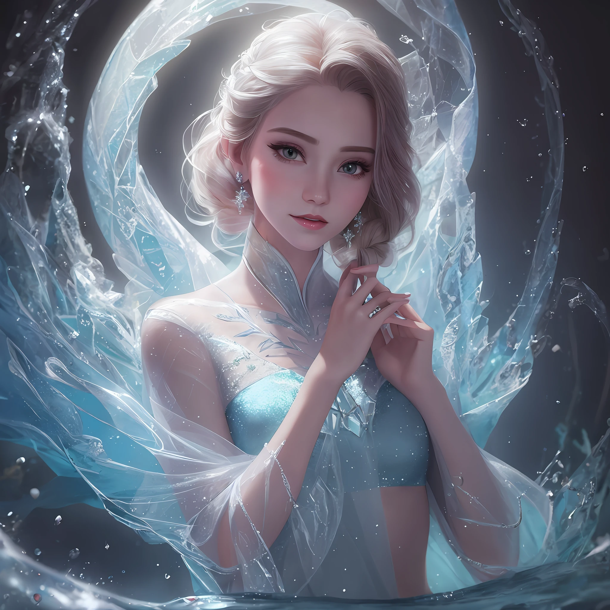 disney princess elsa frozen wallpapers, guviz style artwork, Guwiz, inspired by Yanjun Cheng, Ross Tran 8 K, closeup fantasy with water magic, Fantasy art style, by Yang J, Guweiz in Pixiv ArtStation, inspired by WLOP, Fanart Meilleure ArtStation, author：yanjun cheng, Beautiful digital artwork，Half body，Petite body，perfect figure beautiful woman:1.4，draped in silk