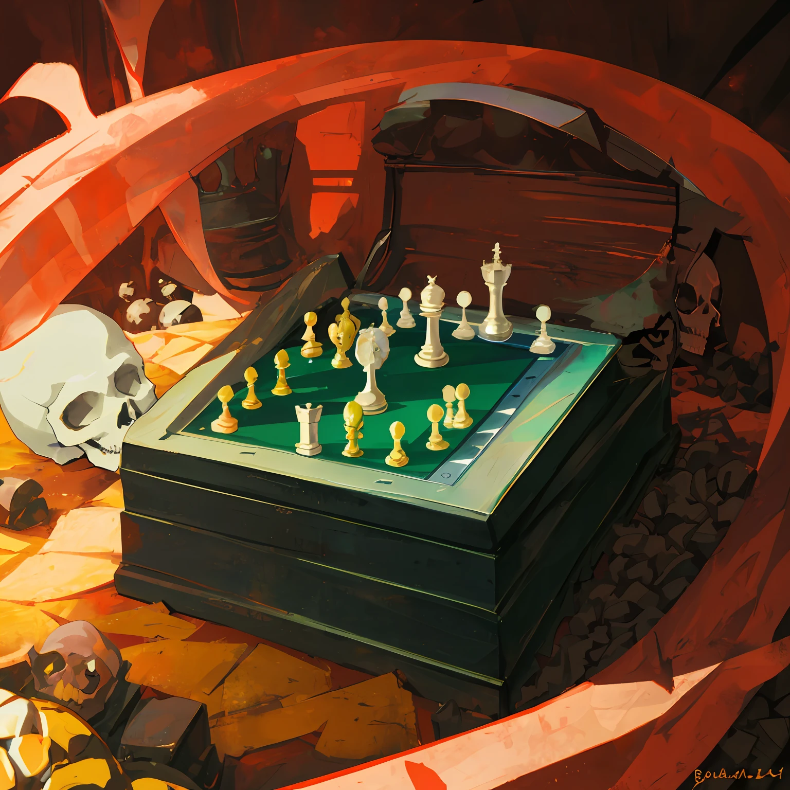 Create an image of a skull with chess pieces around it in a background landscape
