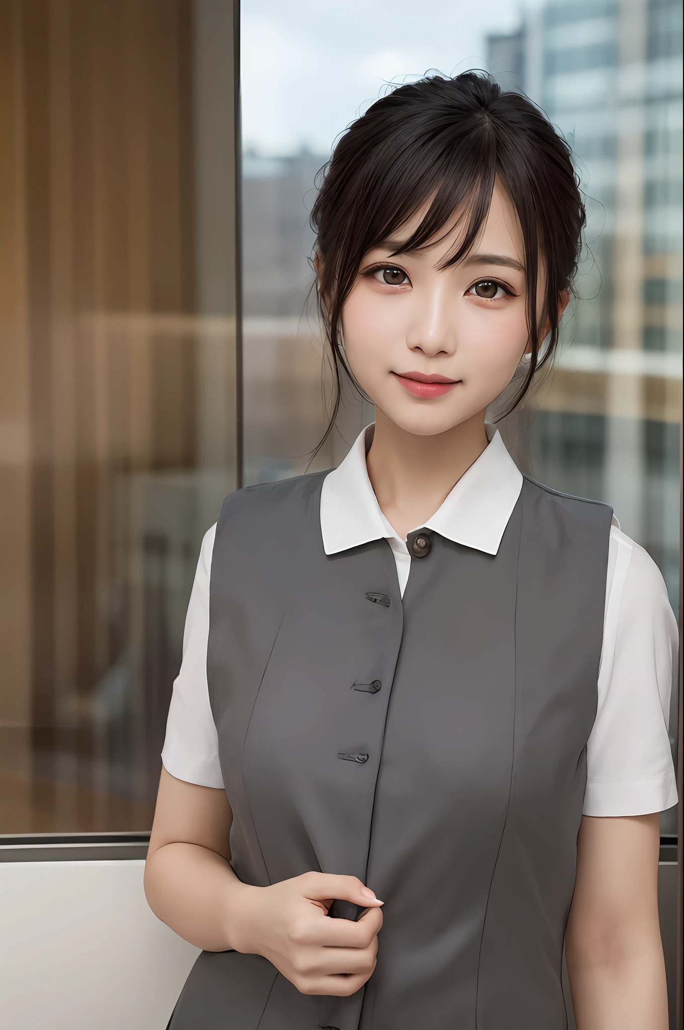 The girls1people、Female around 40 years old、vests、bow、photos、realisti、best qualiy、adopt、detailed faces、s Office、Building from the window、detailed backgorund、Diffused sunlight、Depth-of-field、Bokeh