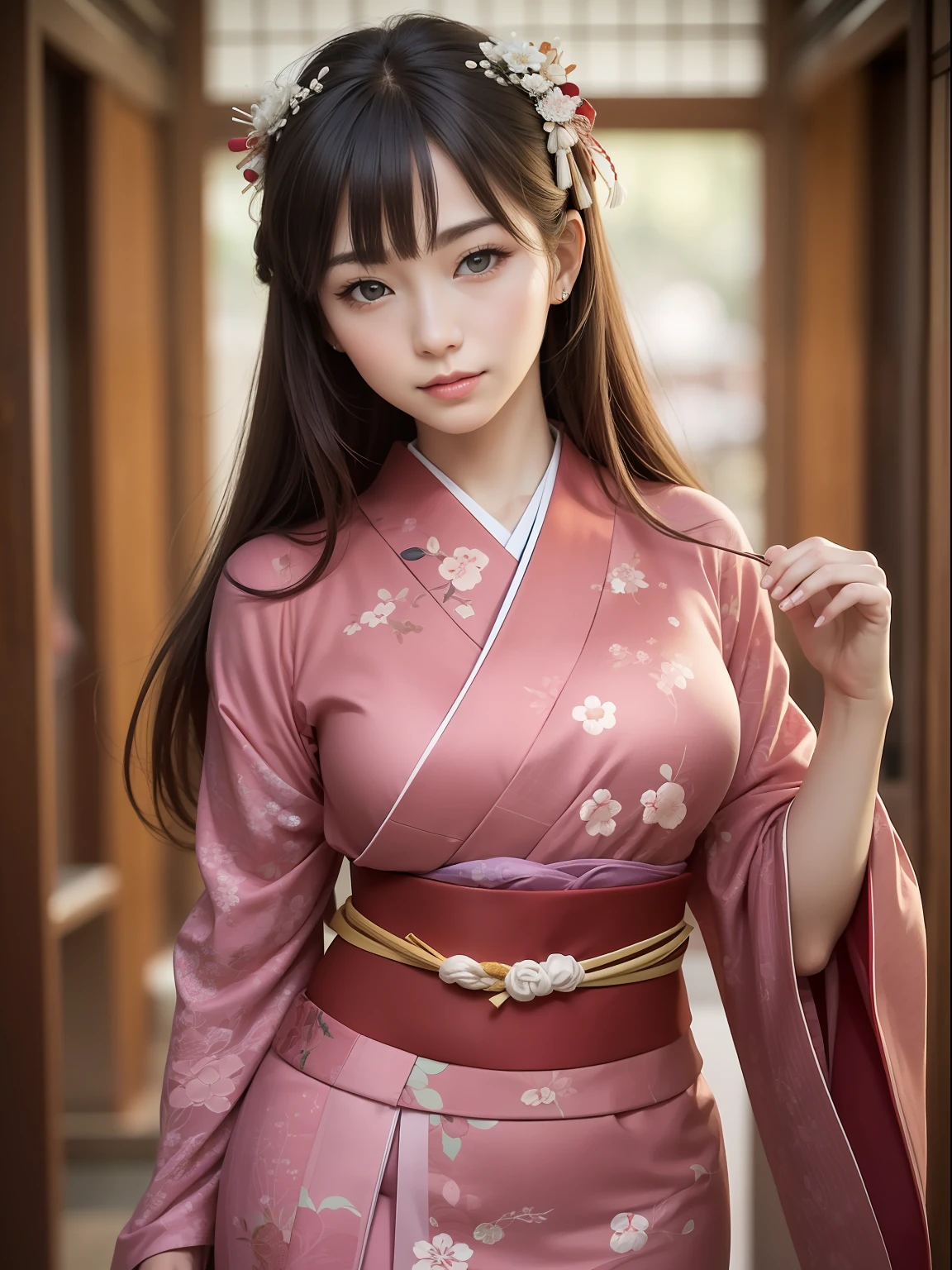 Master peace, best quaity, (((Real、photo-realistic:1.37))), ((solo)), 8K image quality , extremely delicate and beautiful, marvelous, Official art with attention to detail, Ridiculous, incredibly absurdres, huge filesize, ultra- detailed, highly detail, (Pretty girl), (detailed girl), Very detailed eyes and face, Beautiful detailed eyes, Light makeup, (1 girl), (Perfect female figure), slim waist, (The beauty of the Japan), ((all body)), With bangs, fold your hands in the abdomen, Feminine look, Gentle smile, (Furisode), Wide strip, (japanese kimono), (18 years), Frugal kanzashi, Upstyle Hair,